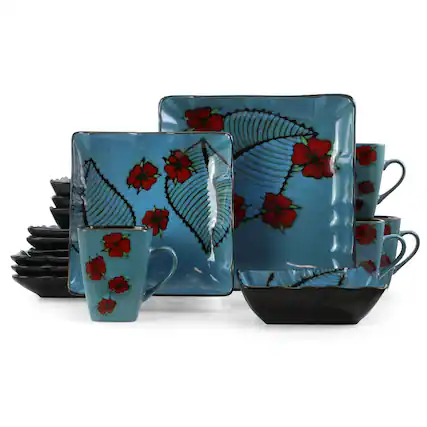 Front. Elama - Elama Aloha Tide 16 Piece Luxurious Stoneware Dinnerware with Complete Setting for 4 - Blue and Red.