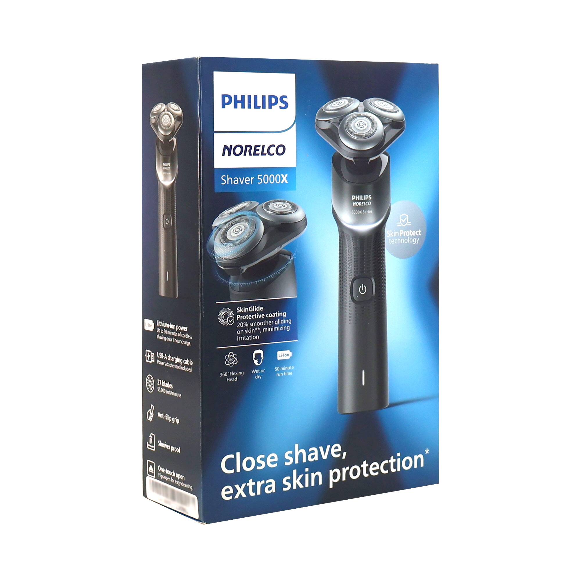 PHILIPS NORELCO Shaver 5000X

- Lithium-ion power
- USB charging cable
- 27 Modes
- Anti-Slip Grip
- SkinGlide Protective coating (20% smoother gliding on skin, minimizing irritation)
- 50 minute runtime
- 360° Flexing
- SkinProtect technology
- Close shave, extra skin protection
- One-touch open
- Water-resistant
- Shave proof
