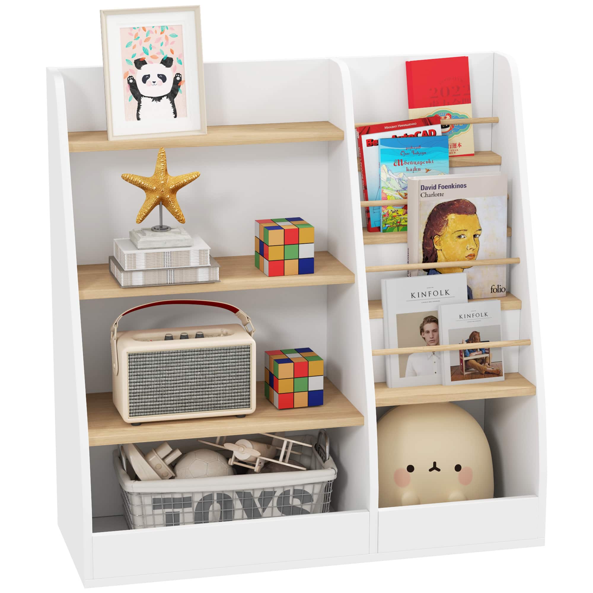 Qaba - Kids Bookshelf and Toy Storage Organizer, 4 Tier Bookshelf for Kids with 4 Layer Book Rack and Storage Grid - White