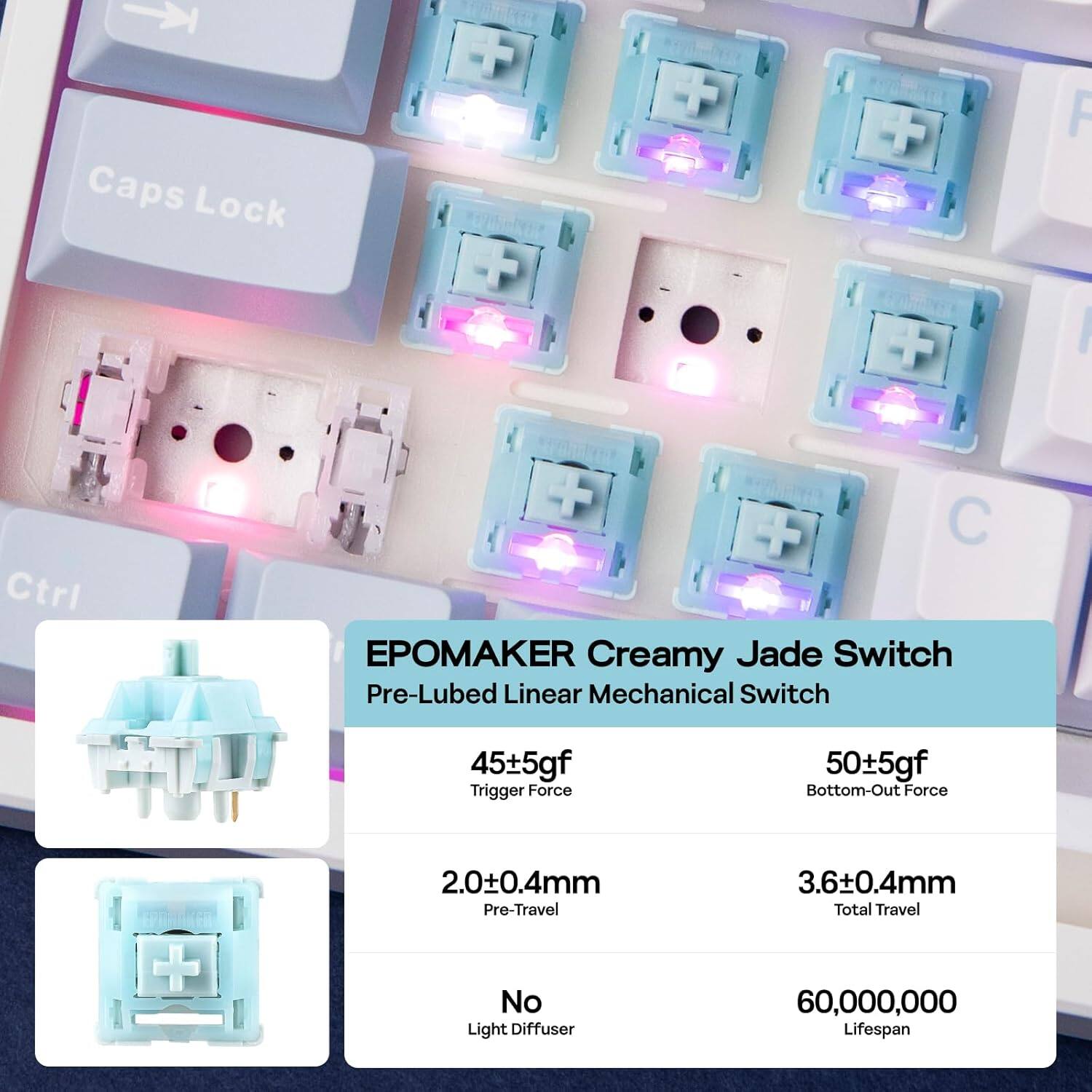 Caps Lock oko + + + + F I Ctrl + C + PAKER Creamy Jade Switch Pre-Lubed Linear Mechanical Switch 45+5gf Trigger Force 50+5gf Bottom-Out Force + 2.0+0.4mm Pre-Travel No Light Diffuser 3.6+0.4mm Total Travel 60,000,000 Lifespan