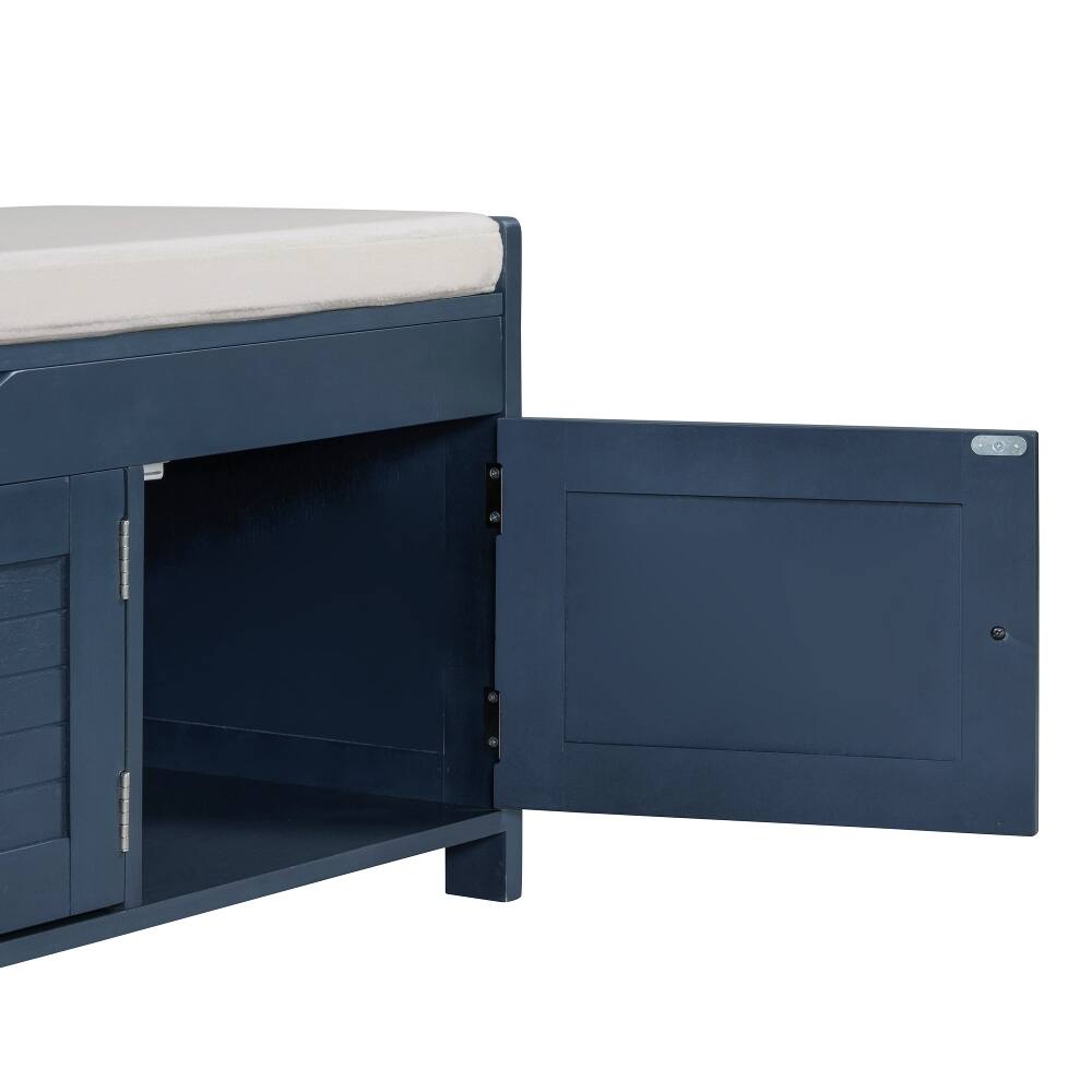 Alt View 6. Ropilly - Ropilly Antique Navy Storage Bench with Cushion and Shutter Doors, Rustic Entryway Shoe Bench - Antique Navy.