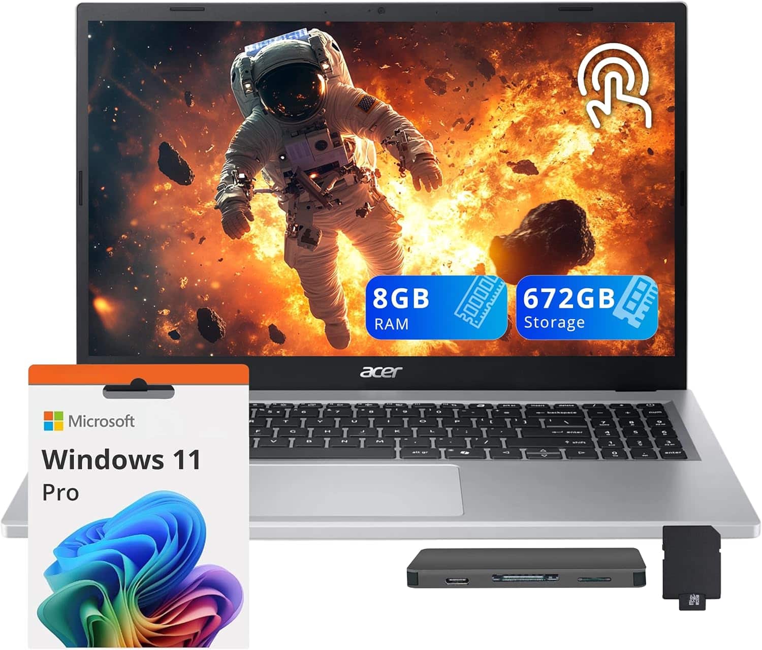 Acer - Aspire Go 15.6" FHD Touchscreen Laptop,AMD Ryzen 5 7520U,8GB LPDDR5,512GB SSD+160GB Dock Station,Win 11 Pro - Silver