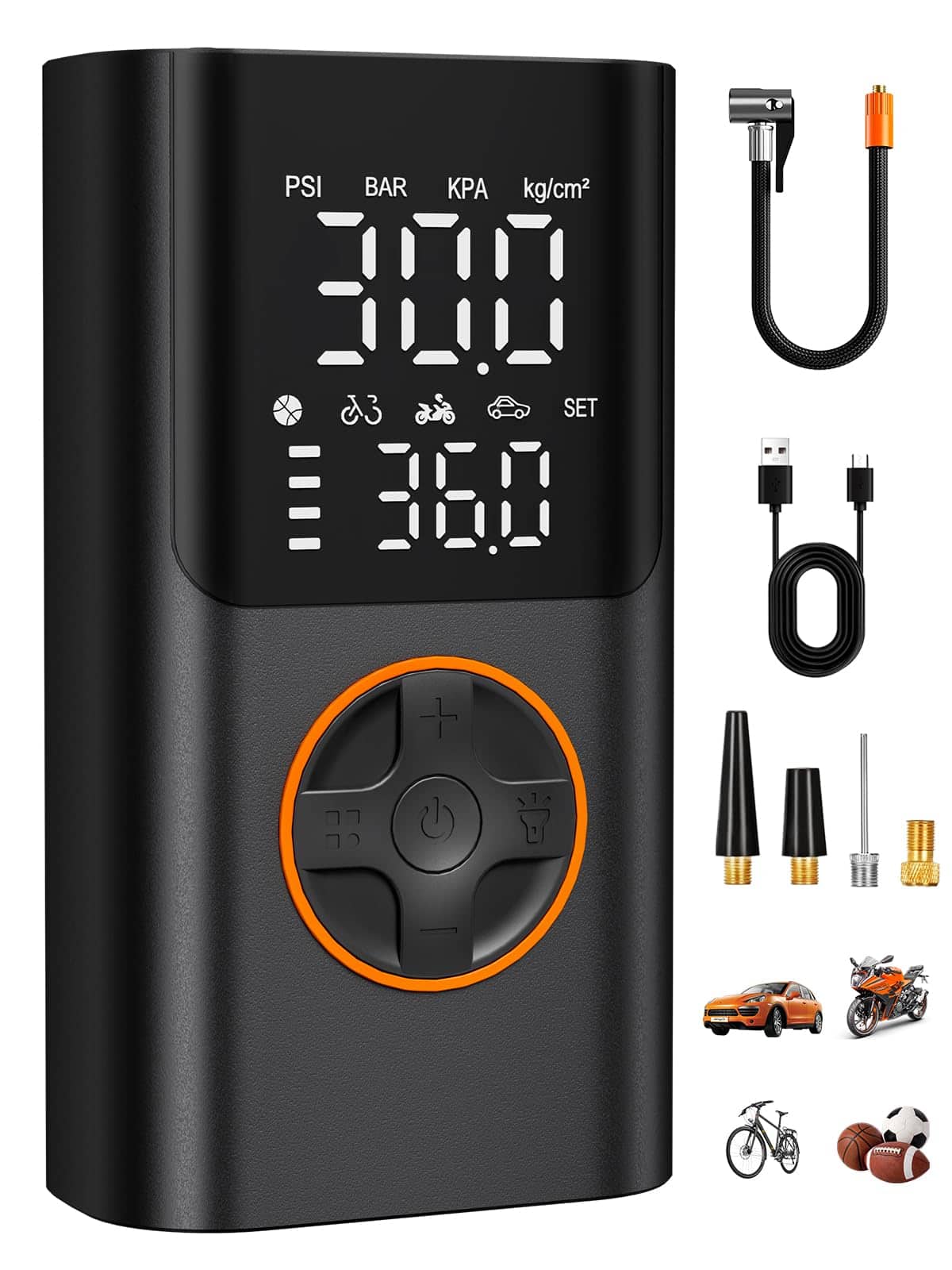 JETRANSPORT - Tire Inflator Portable Air Compressor Bike Pump With Gauge And Usb Charging Output 150psi Fast Inflation Fo - Default