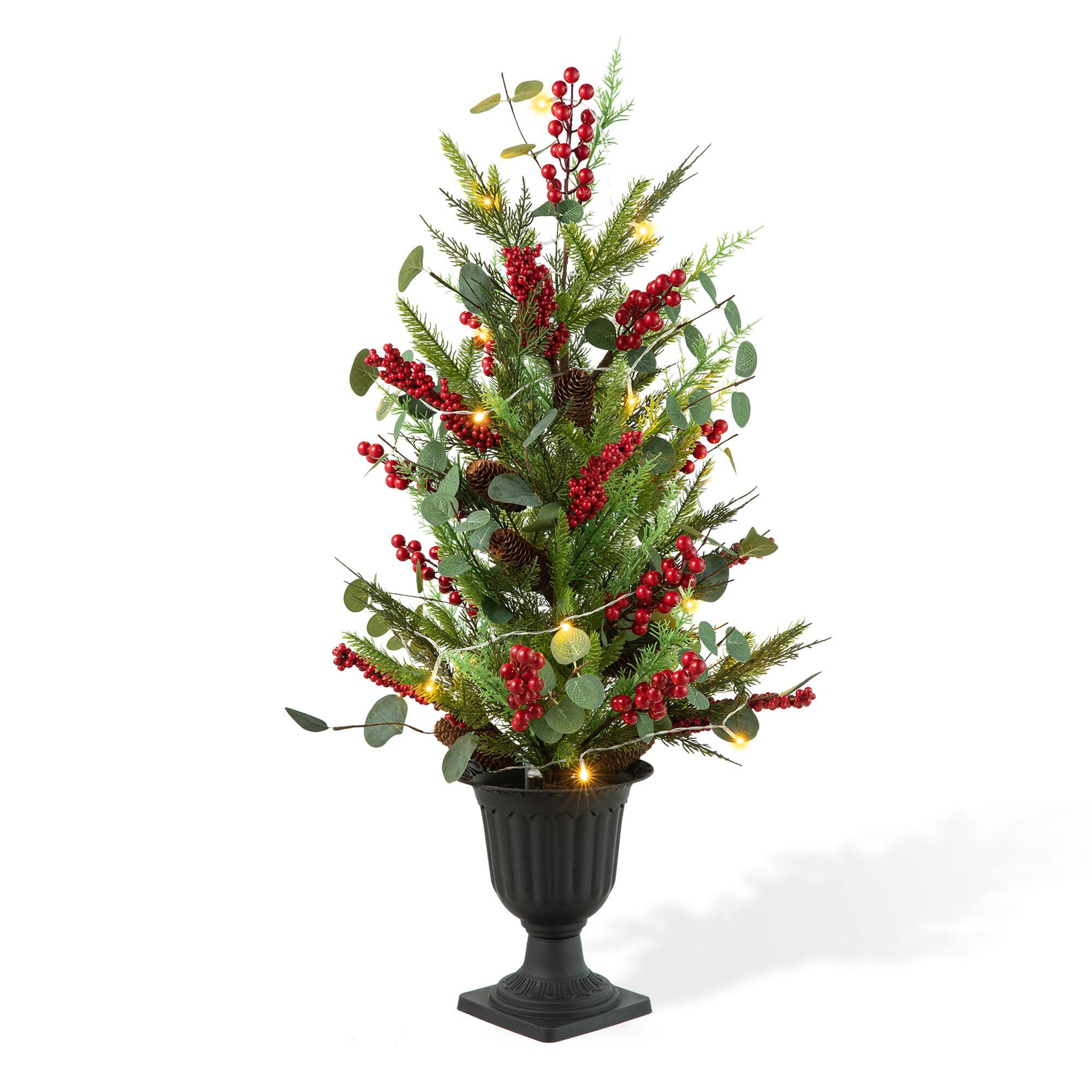 Angle. Glitzhome - 36"H Christmas Lighted Pine Needle and Eucalyptus leaf Urn Porch Tree, 20 Warm White Lights with timer - Green.