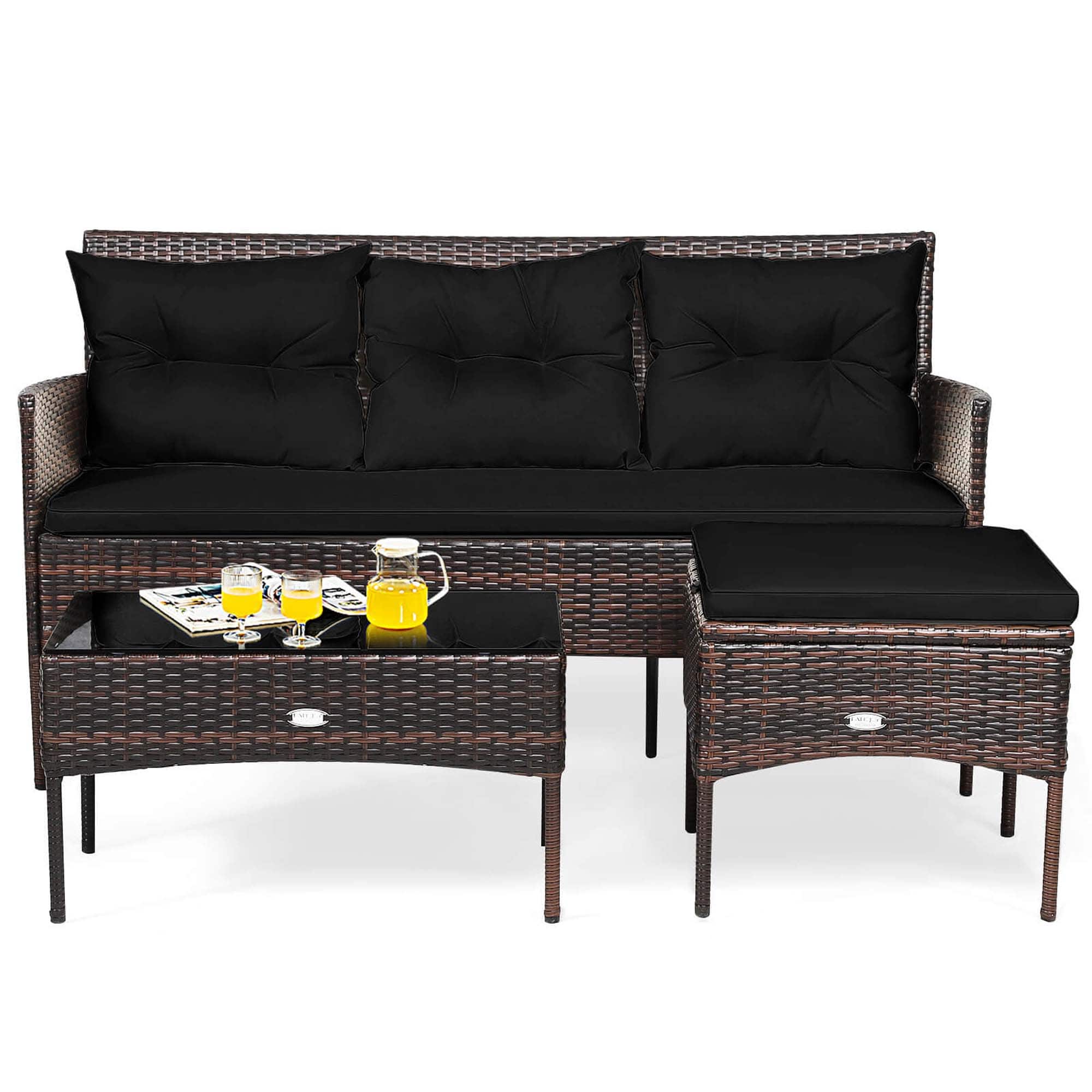 Costway - 3 PCS Patio Rattan Furniture Set 3-Seat Sofa Cushioned Table Garden - Black price history on PriceWatchPro
