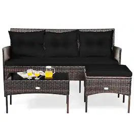 Costway - 3 PCS Patio Rattan Furniture Set 3-Seat Sofa Cushioned Table Garden - Black