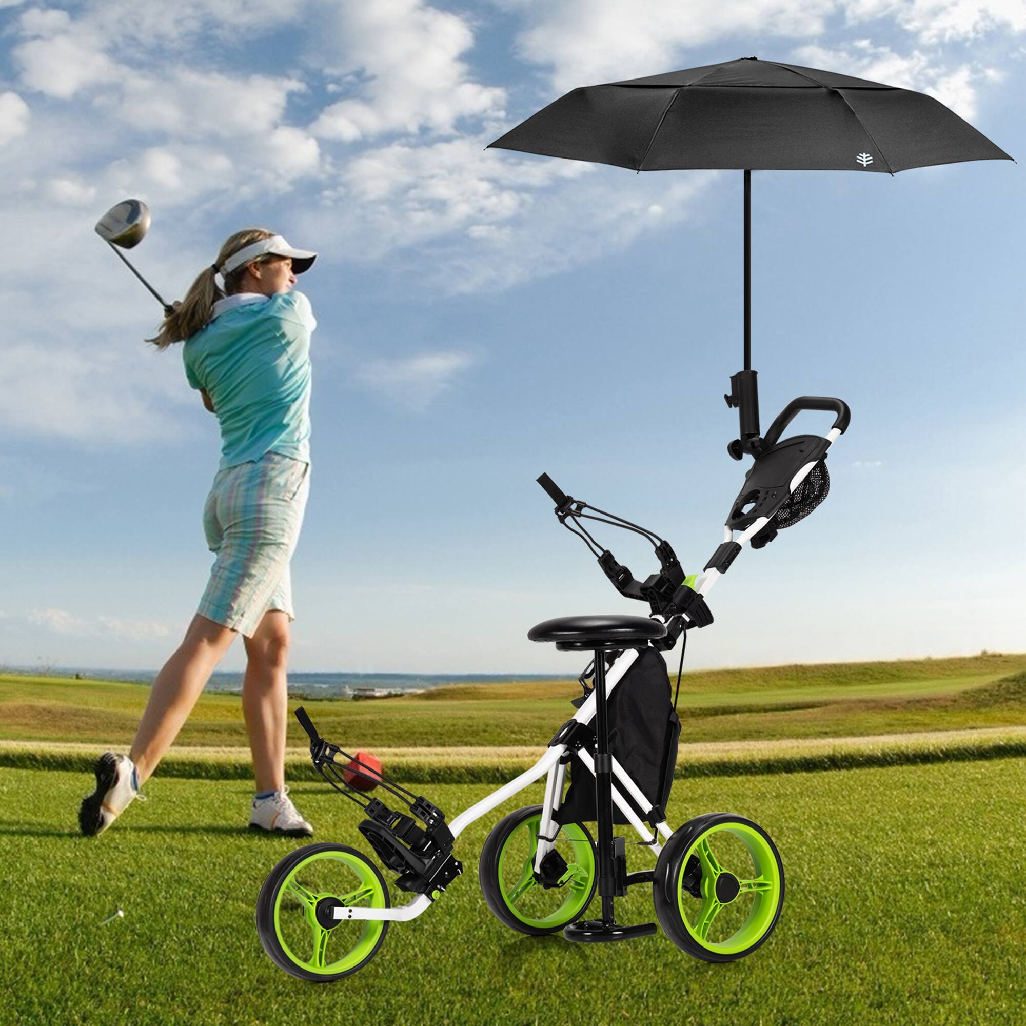 Alt View 3. Gymax - Gymax 3-Wheel Foldable Golf Push Pull Cart Trolley w/ Seat Adjustable Handle Green - Green.