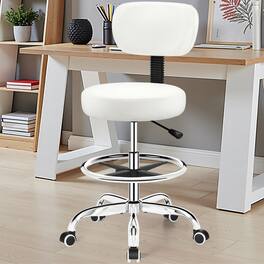 KERDOM - Drafting Chair with Backrest, Adjustable Footrest Rolling Stool PU Leather for Office Studio Lab Counter Salon Bar Shop - White