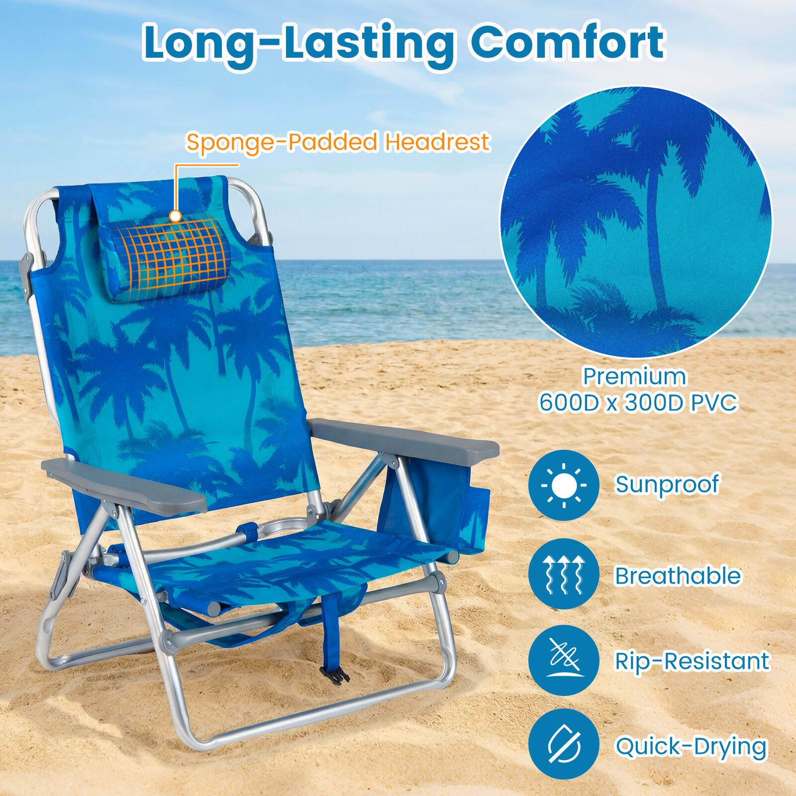 Long-Lasting Comfort  
Sponge-Padded Headrest  
Premium 600D x 300D PVC  
Sunproof  
Breathable  
Rip-Resistant  
Quick-Drying