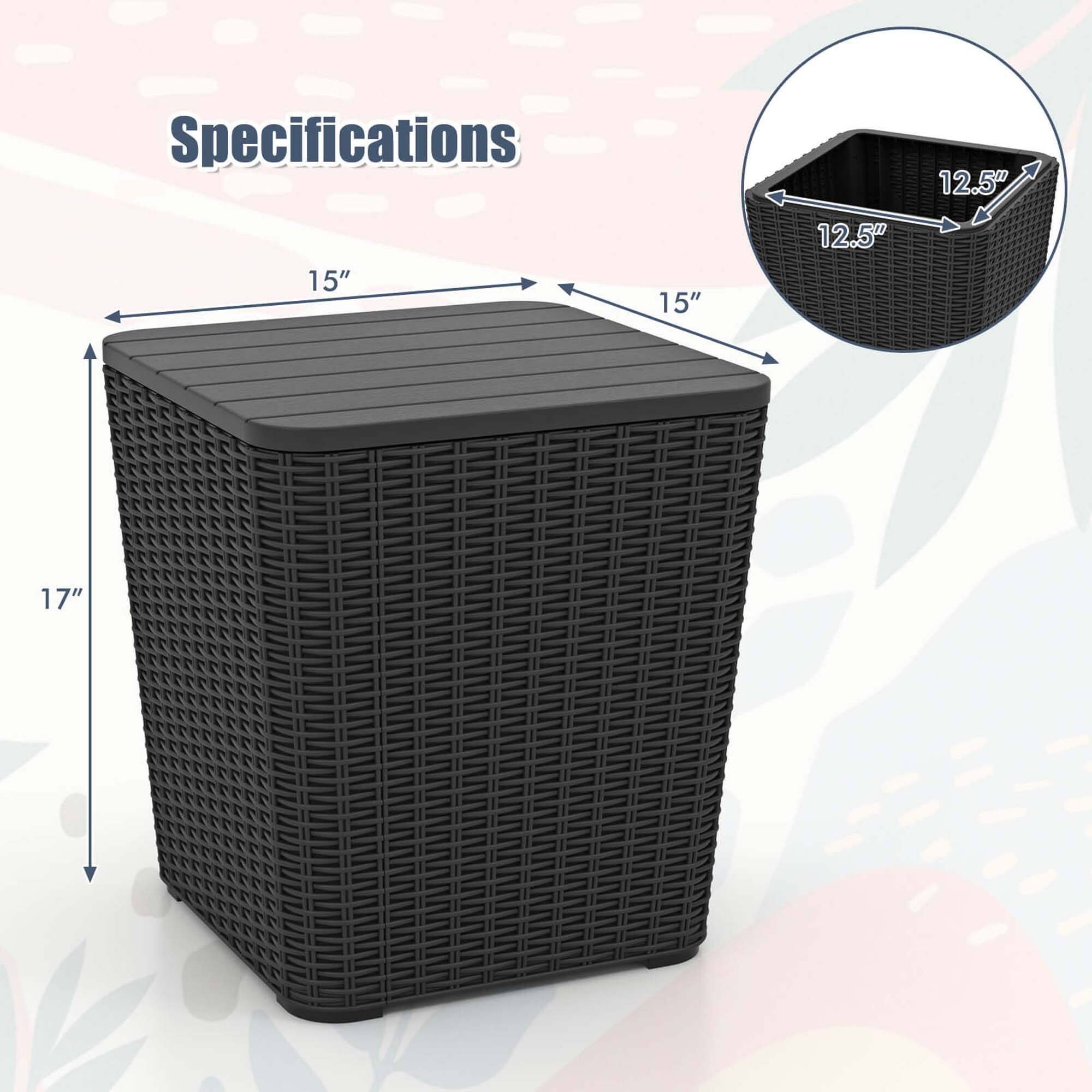 Specifications  
15" x 15" x 17"  
12.5" x 12.5" x 12.5"