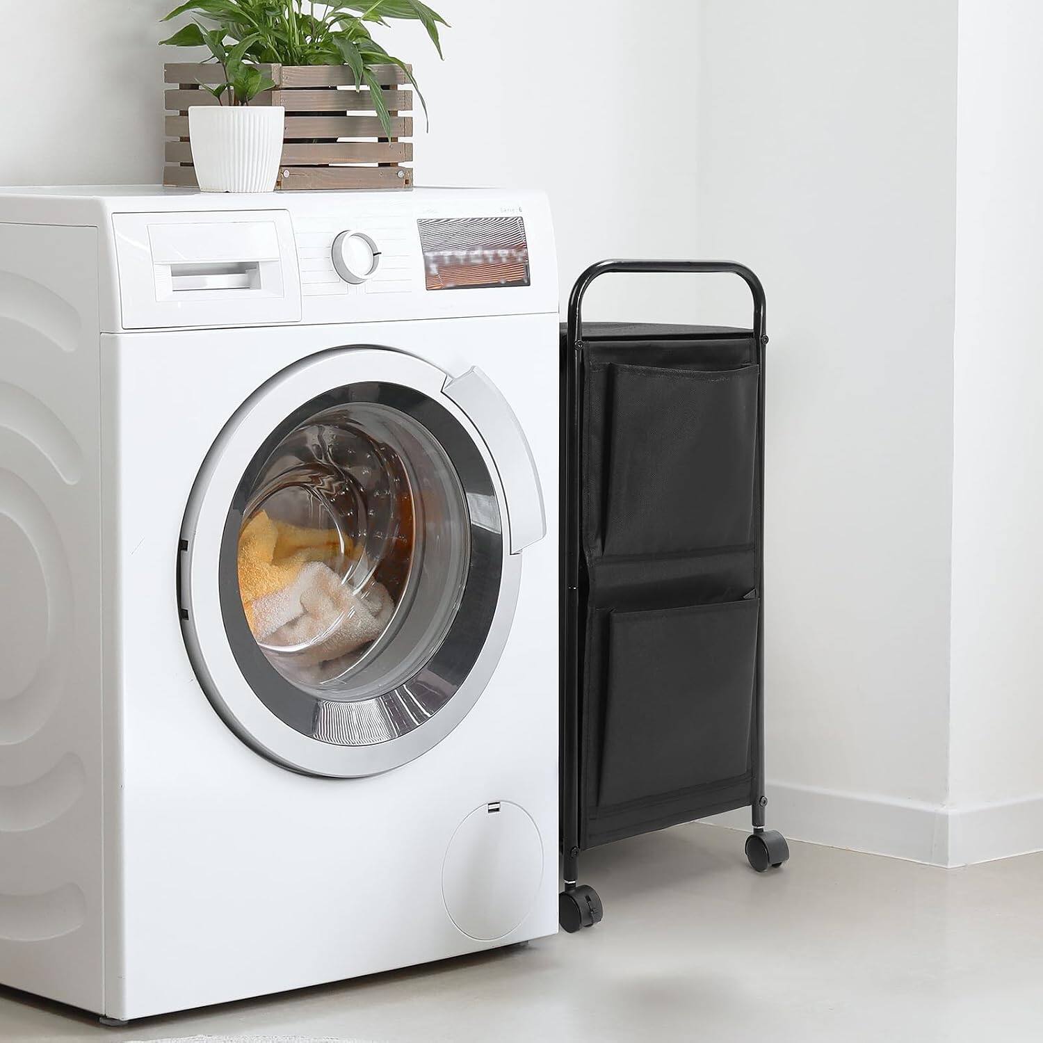 Alt View 2. Oumilen - Rolling Laundry Hamper Cart with Lid – Matte Black Metal Frame & Waterproof Fabric Basket - Black.