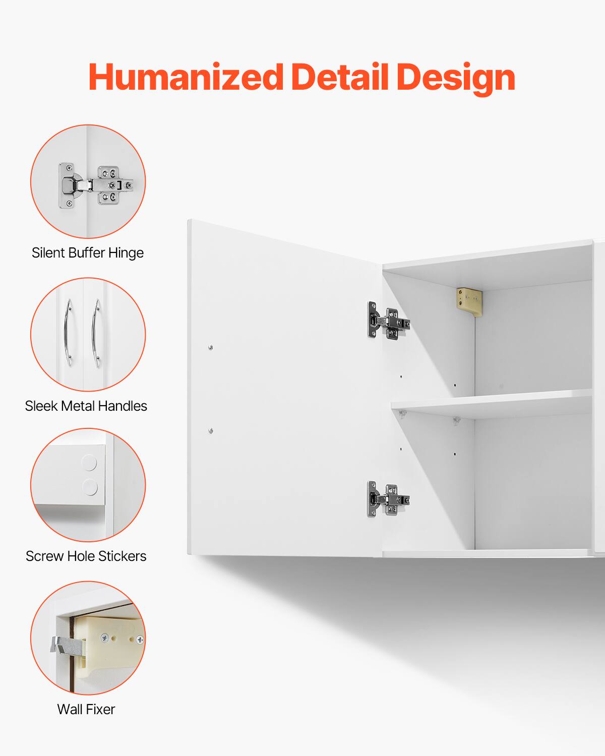 Humanized Detail Design

- Silent Buffer Hinge
- Sleek Metal Handles
- Screw Hole Stickers
- Wall Fixer