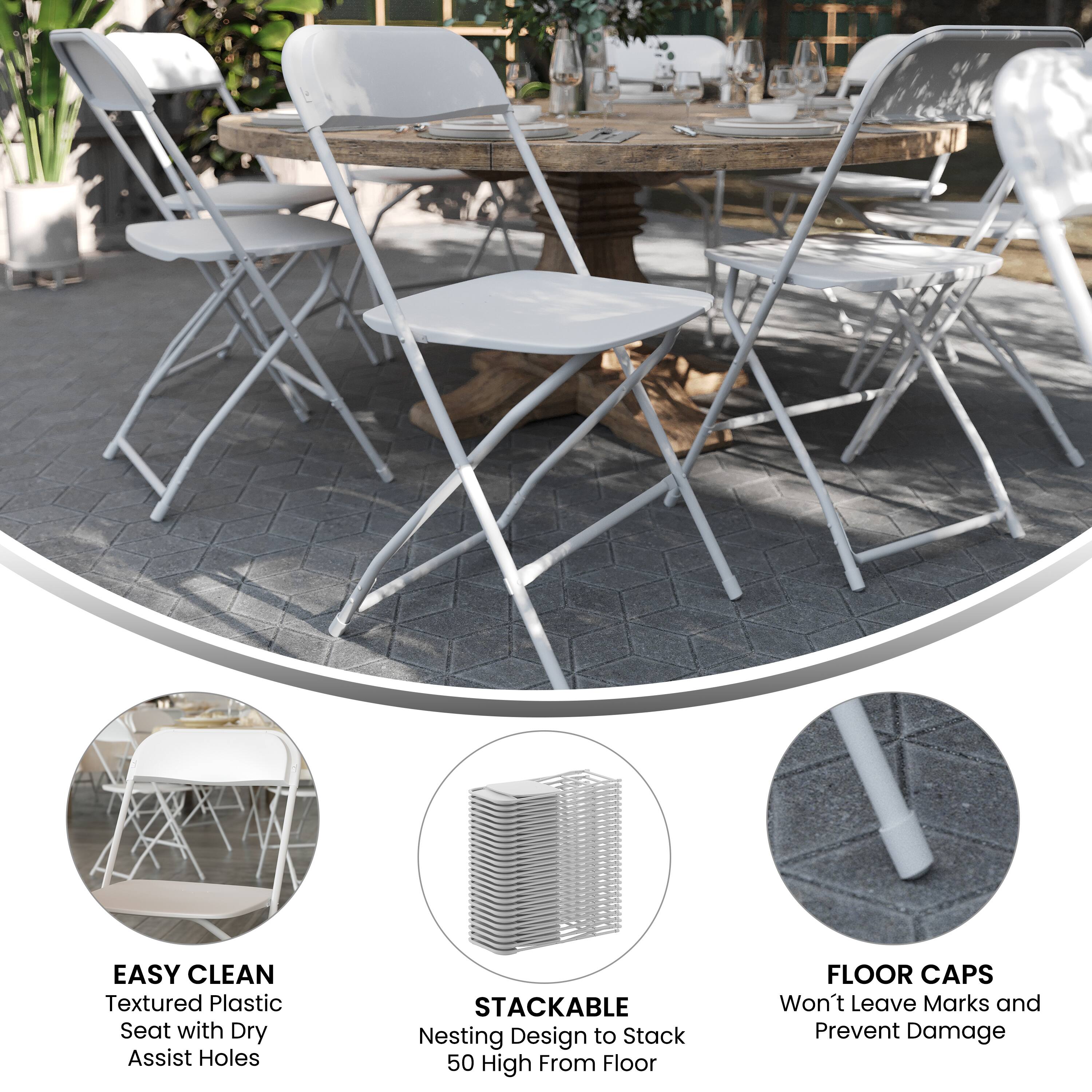 EASY CLEAN  
Textured Plastic Seat with Dry Assist Holes  

STACKABLE  
Nesting Design to Stack 50 High From Floor  

FLOOR CAPS  
Won't Leave Marks and Prevent Damage