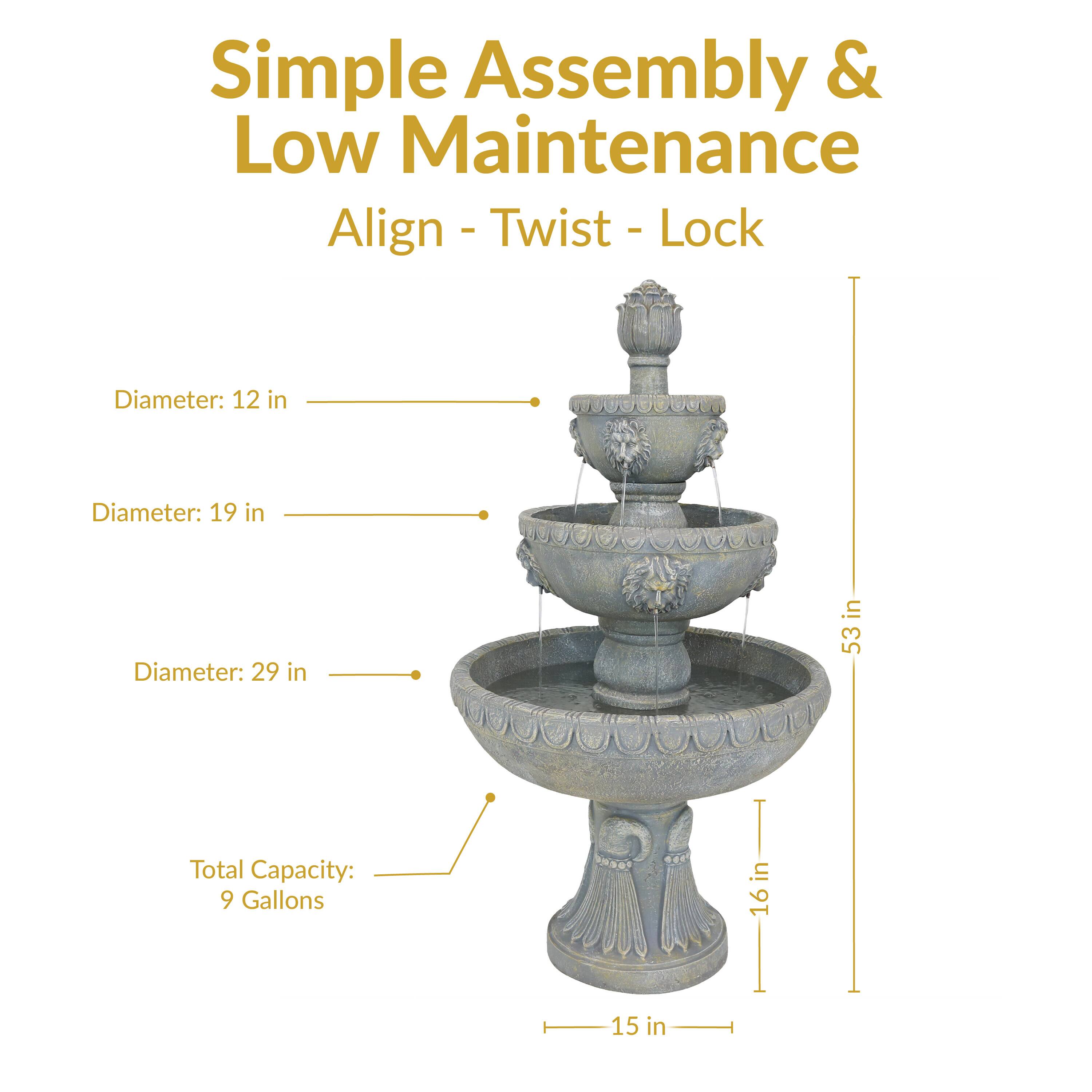 Simple Assembly & Low Maintenance  
Align - Twist - Lock  

Diameter: 12 in  
Diameter: 19 in  
Diameter: 29 in  

Total Capacity: 9 Gallons  

Height: 53 in  
Width: 16 in  
Depth: 15 in