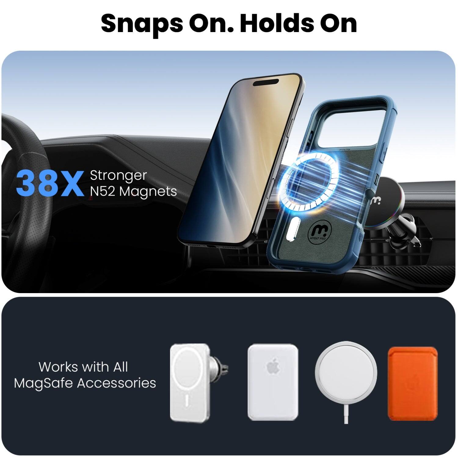 Snaps On. Holds On

38X Stronger N52 Magnets

MYBAT PRO

Works with All MagSafe Accessories
