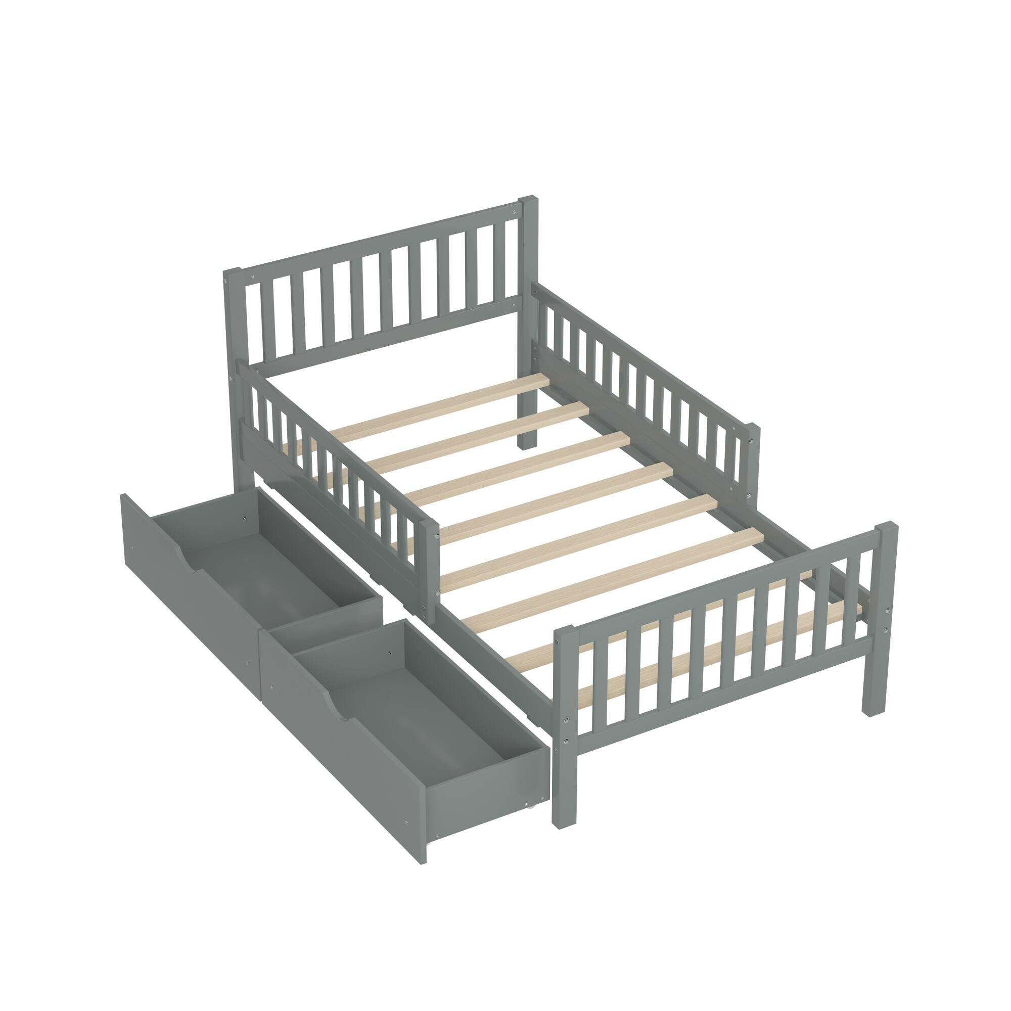 Back. GOODSILO - Twin Size Wood Platform Bed with Dual Guardrails and Underbed Storage Drawers for Enhanced Safety and Organization - Gray.