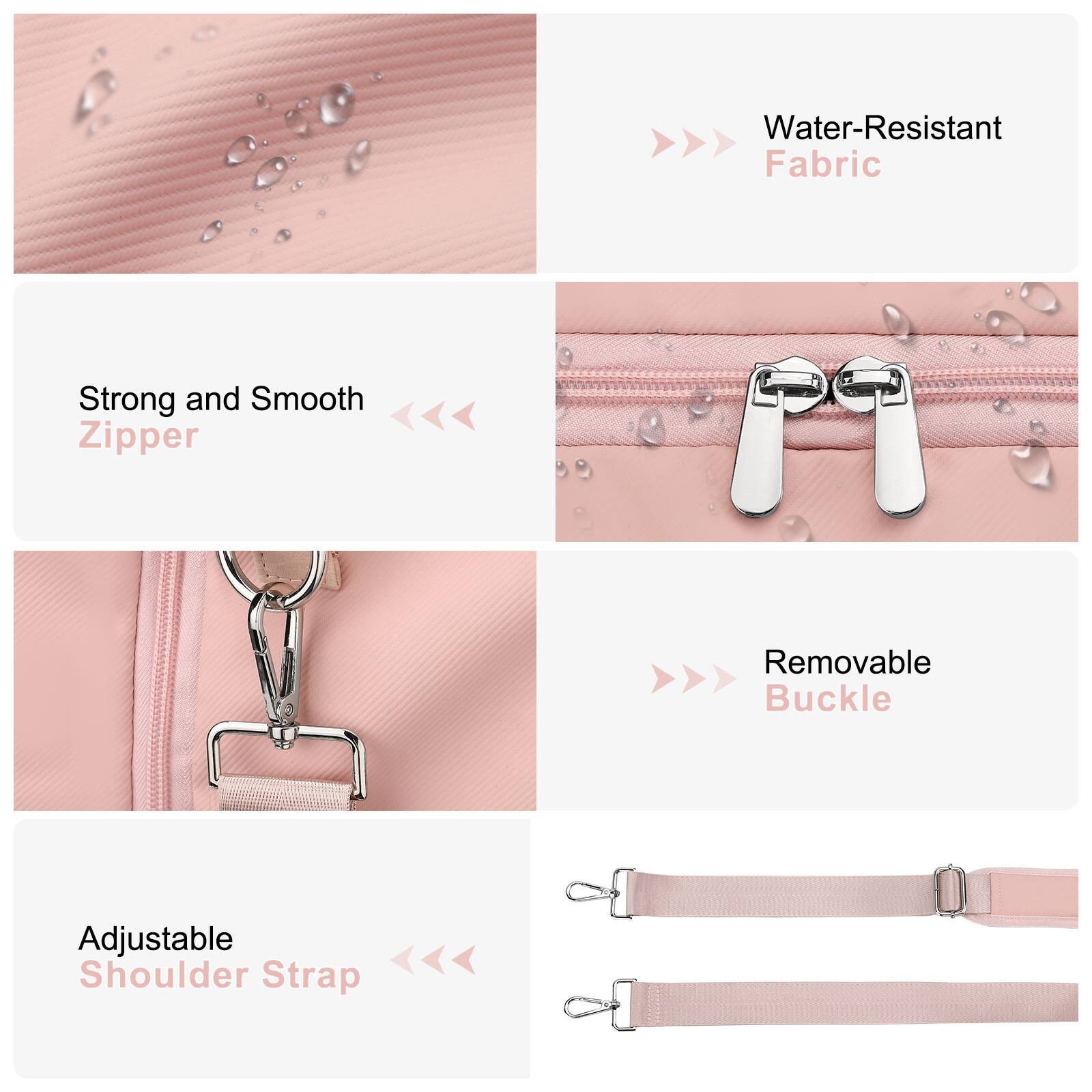 - Water-Resistant Fabric
- Strong and Smooth Zipper
- Removable Buckle
- Adjustable Shoulder Strap