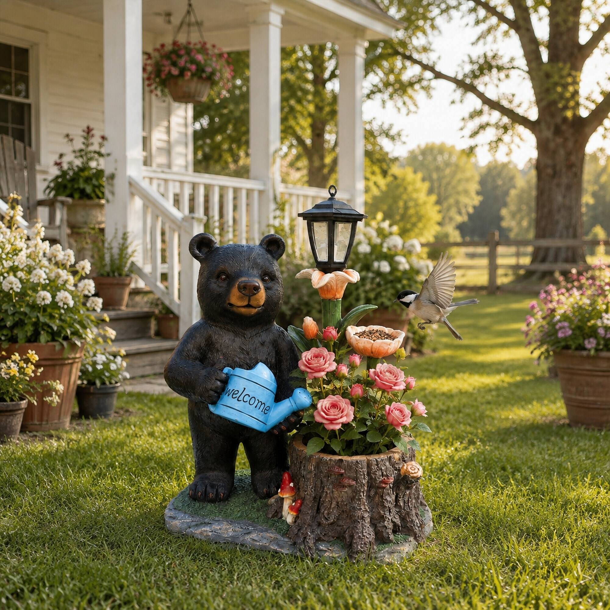 Angle. RYHNUYNE - Whimsical Polyresin Black Bear Garden Planter with Solar Lantern and Flower Bird Feeder for Porch Patio and Cabin - Black.