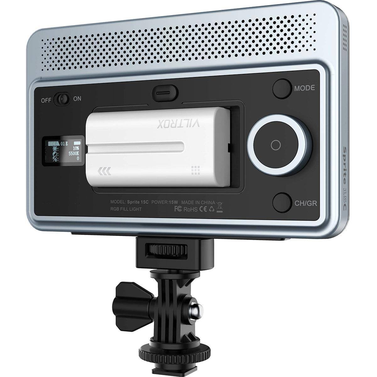 OFF ON MODE 01E 10% 5500 3 VILTROX MODEL Sprite 15C POWER-15W RGB FILL LIGHT FC RoHS CE CH/GR Sprite JLSC