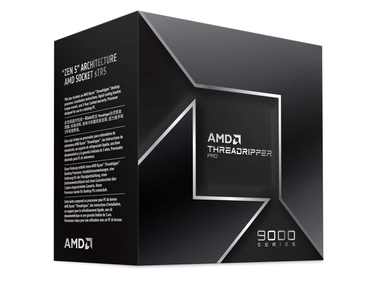 "ZEN 5" ARCHITECTURE STR5 AMD SOCKET "Threadripper" desktop AMD Ryzen™ Threadripper™ desktop processor, includes an liquid cooling bracket, installation instructions, torque wrench, and 3-year Limited warranty. Processor designed for desktop PCs. This box includes an AMD Ryzen™ Threadripper™ desktop processor, installation instructions, liquid cooling bracket, torque wrench, and 3-year Limited warranty. Processor designed for desktop PCs. Diese Packung enthält einen Desktop Processor, Installationsanweisungen, eine Flüssigkühlung, einen Halterung für die Drehmoment-Schraubendrehers und einen Garantieschein über 3 Jahre. Dieser Prozessor wurde für Desktop PCs entwickelt. Cette boîte comprend un processeur pour PC de bureau AMD Ryzen™ Threadripper™, des instructions d'installation, une refroidissement liquide, une support pour le refroidissement et une garantie limitée de 3 ans. Processeur conçu pour l'utilisation avec un PC de bureau.