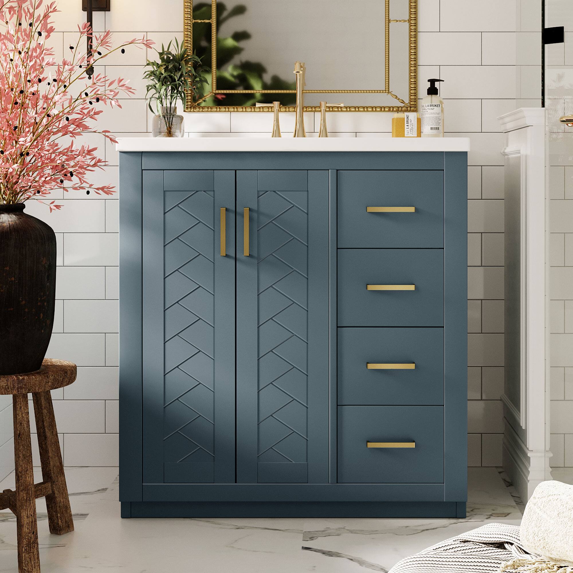 Left. Tiramisubest - 30" Bathroom Vanity with Ceramic Sink Combo, Bathroom Storage Cabinet, Freestanding Vanity Set with 3 Drawers - Blue.