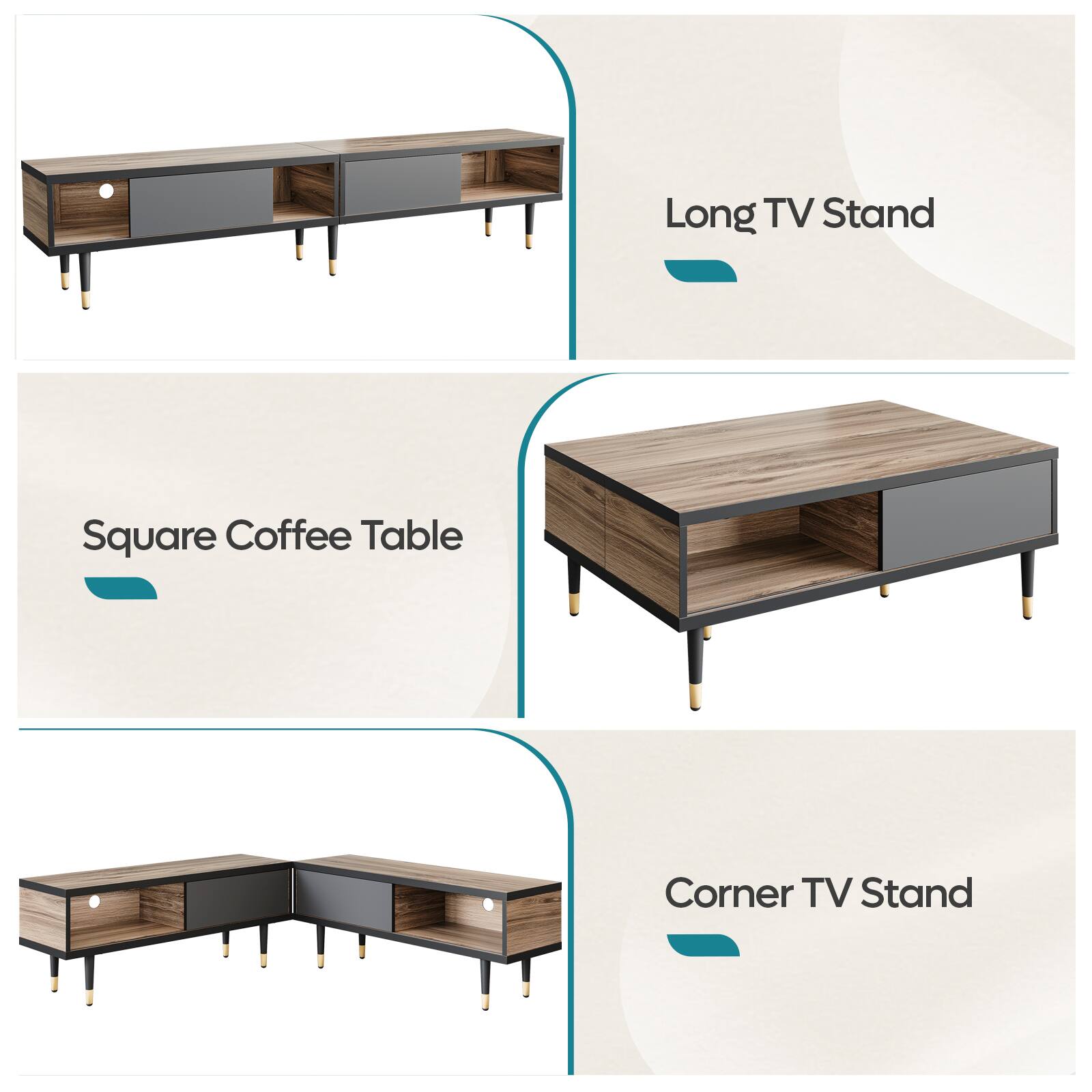 Long TV Stand, Square Coffee Table, Corner TV Stand