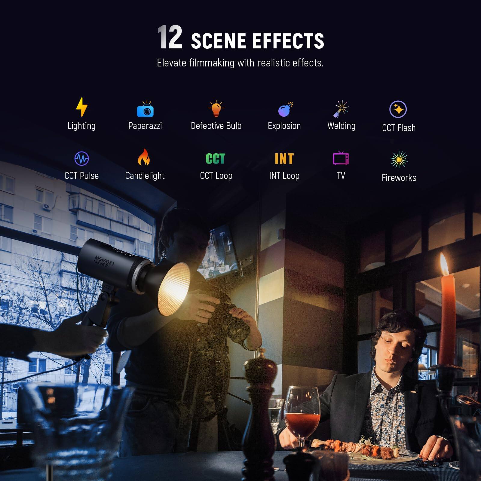 12 SCENE EFFECTS  
Elevate filmmaking with realistic effects.  

- Lighting  
- Paparazzi  
- Defective Bulb  
- Explosion  
- Welding  
- CCT Flash  
- CCT Pulse  
- Candlelight  
- CCT Loop  
- INT Loop  
- TV  
- Fireworks