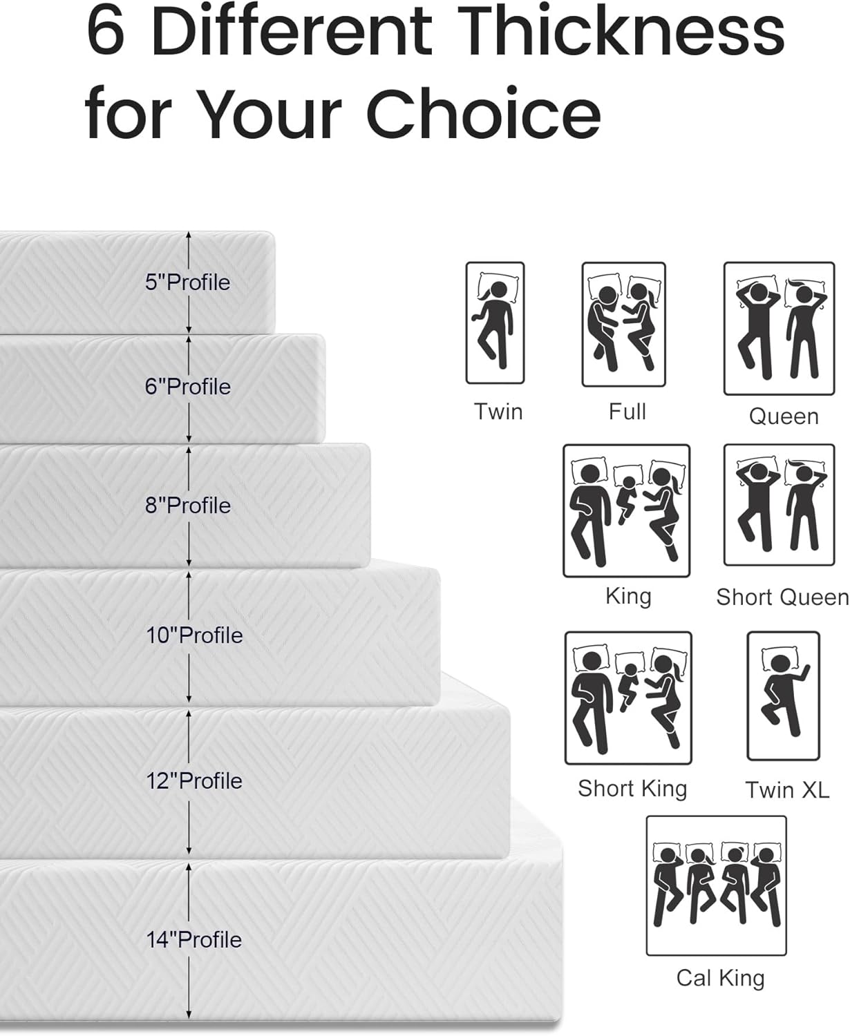 6 Different Thickness for Your Choice

5" Profile  
6" Profile  
8" Profile  
10" Profile  
12" Profile  
14" Profile  

Twin  
Full  
Queen  
King  
Short Queen  
Short King  
Twin XL  
Cal King