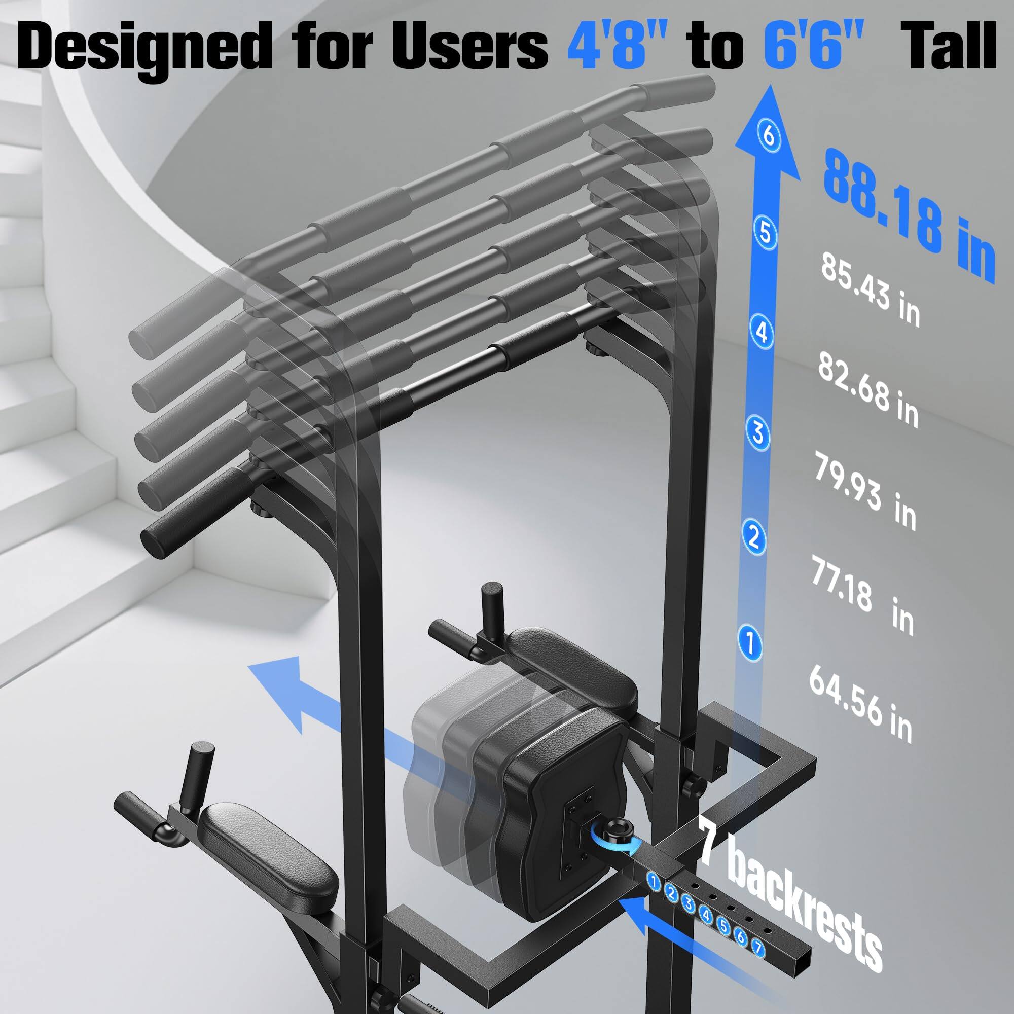 Designed for Users 4'8" to 6'6" Tall

1. 64.56 in
2. 77.18 in
3. 79.93 in
4. 82.68 in
5. 85.43 in
6. 88.18 in

7 backrests