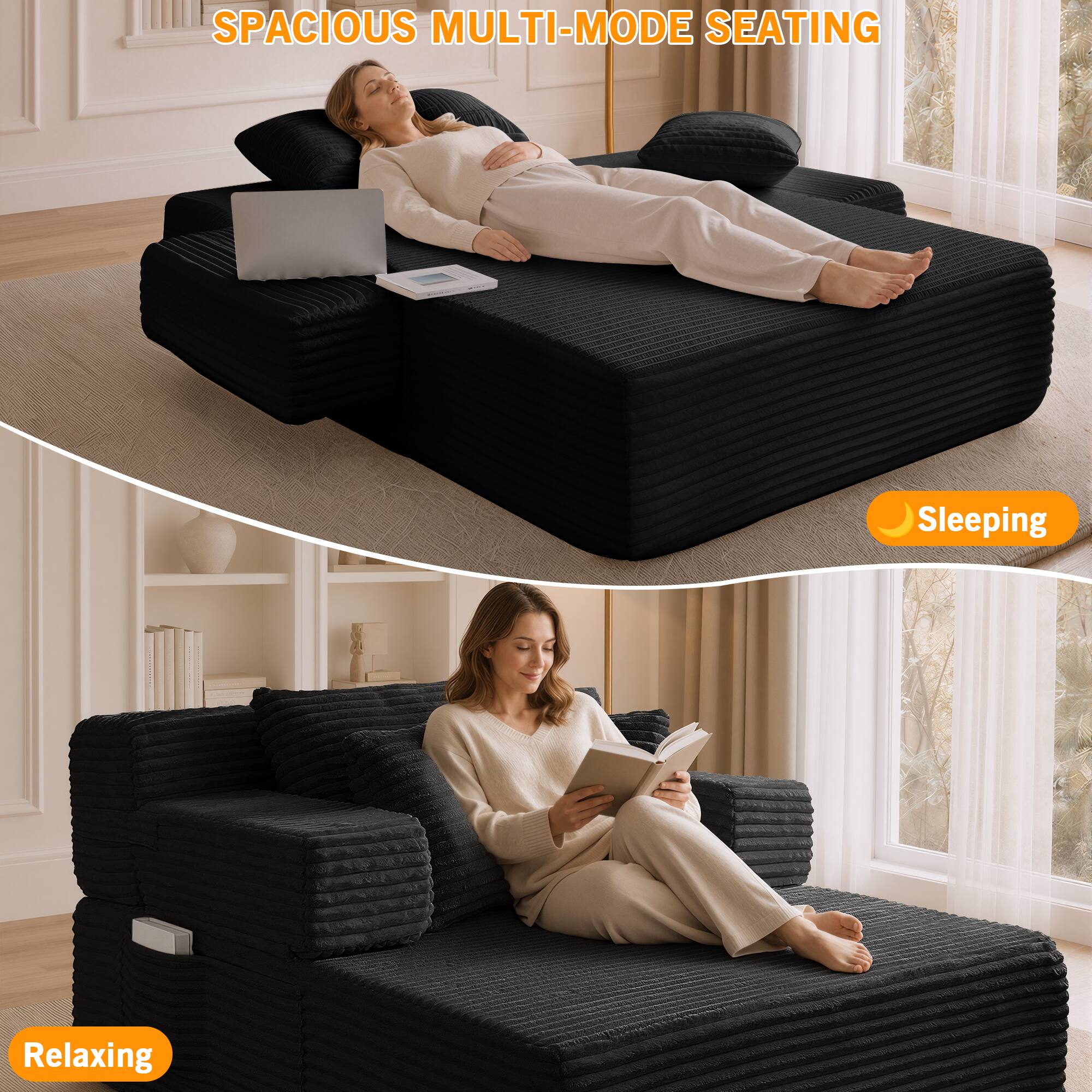 SPACIOUS MULTI-MODE SEATING

- Sleeping
- Relaxing