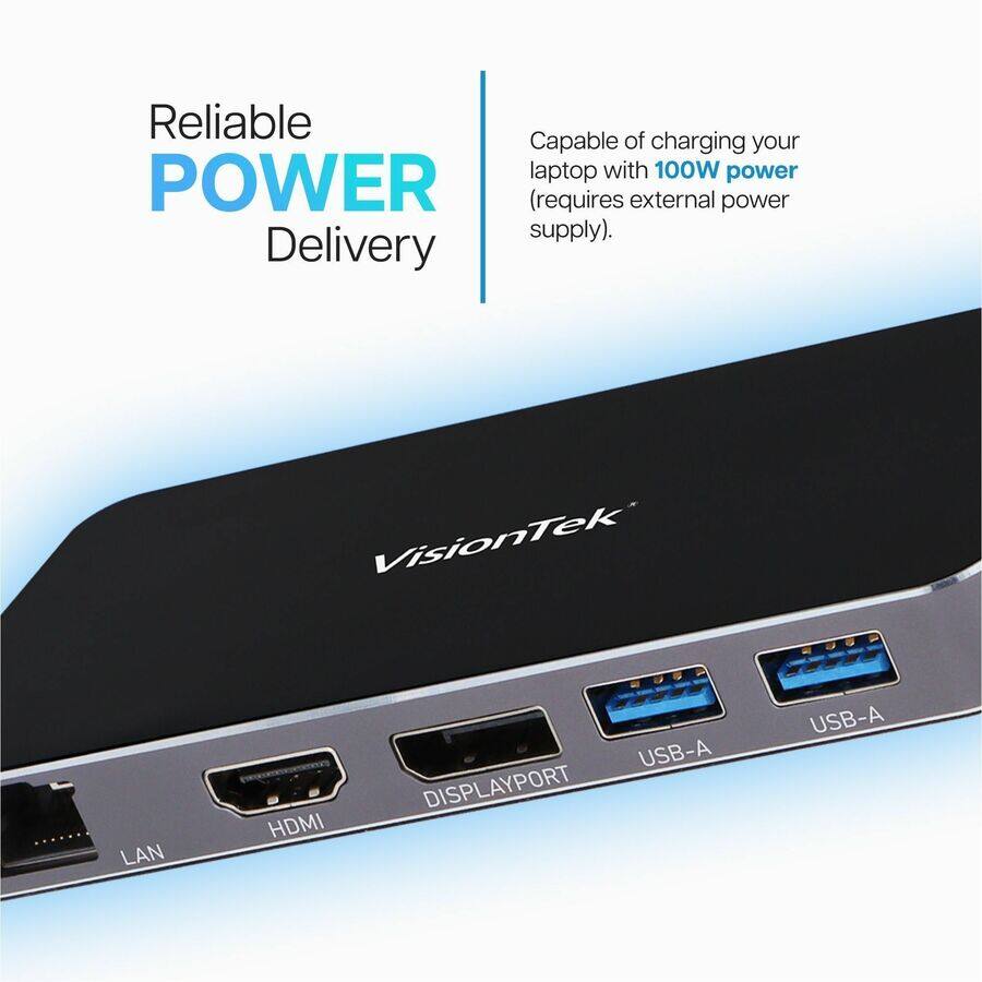 Reliable POWER Delivery

Capable of charging your laptop with 100W power (requires external power supply).

VisionTek

- LAN
- HDMI
- DISPLAYPORT
- USB-A
- USB-A