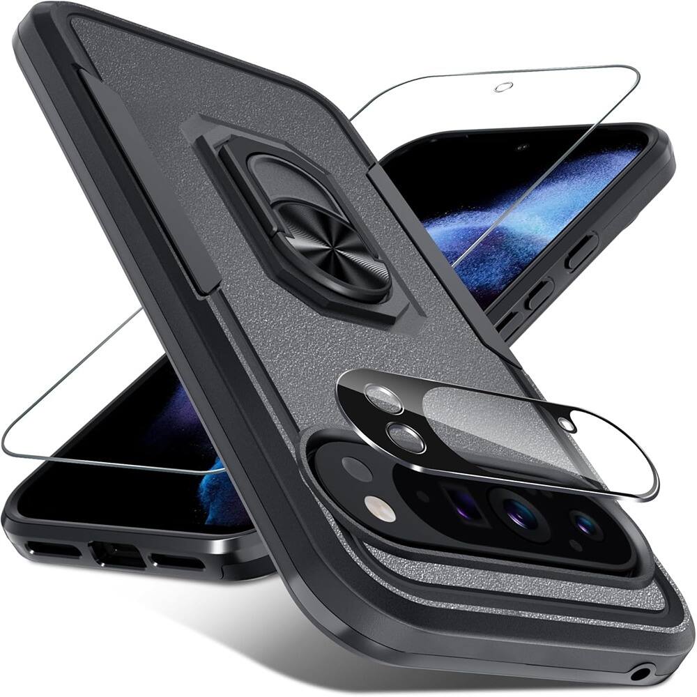 MOSZAR LLC - 2025 Google Pixel 10/10 Pro Case features a built-in rotatable metal ring - Black Matte