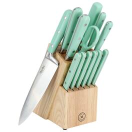 Martha Stewart - Everyday 14 Piece Stainless Steel Cutlery and Wood Block Set - Mint
