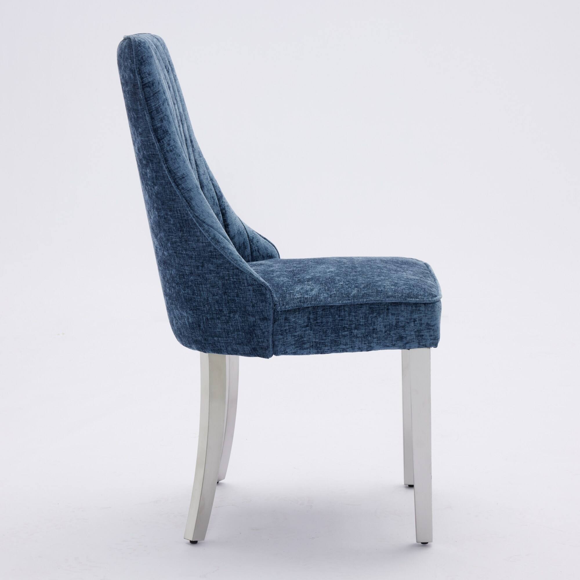 Alt View 1. GOODSILO - Luxury Chenille Fabric Upholstered Dining Chairs with Golden Stainless Steel Legs, Set of 2 - Blue.