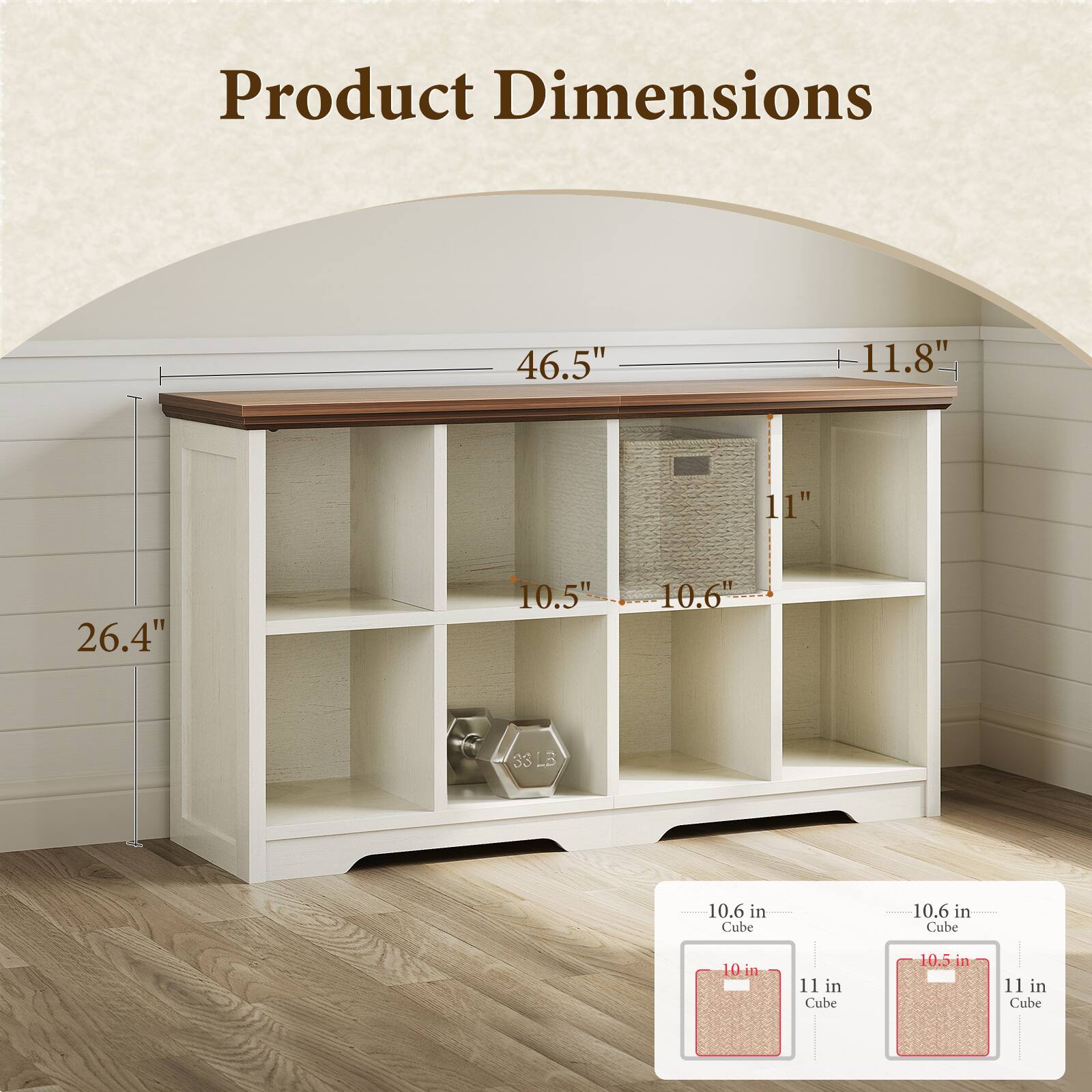 Product Dimensions: 46.5" x 11.8" x 11" x 26.4" x 10.5" x 10.6"  
33 SLB  
10.6 in Cube  
10.6 in Cube  
10 in x 11 in Cube  
10.5 in x 11 in Cube