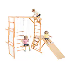 VEVOR - Indoor Wooden Jungle Gym for Kids, 8-in-1 Playset with Slide, Swing, Monkey Bars, Gym Rings, Ladders, Climbing Net - color