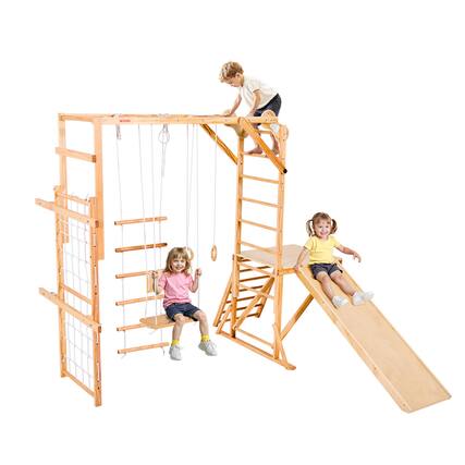 Front. VEVOR - Indoor Wooden Jungle Gym for Kids, 8-in-1 Playset with Slide, Swing, Monkey Bars, Gym Rings, Ladders, Climbing Net - color.