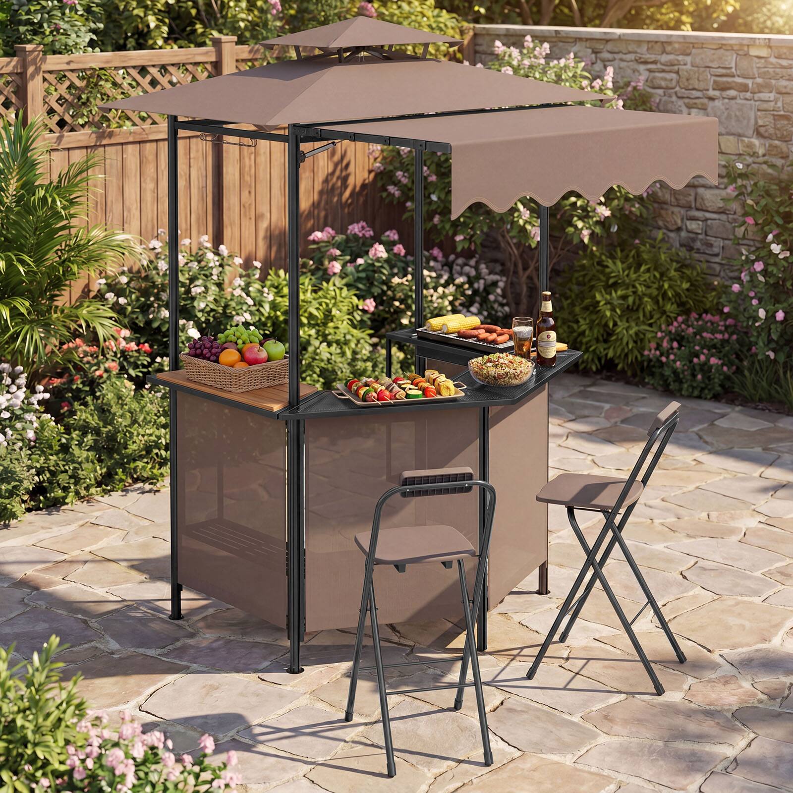 Alt View 3. Gymax - Gymax 4PCS Folding Bar Stools w/Ergonomic Seat & Comfortable Footrest Anti-Slip Feet Brown & Black - Brown.