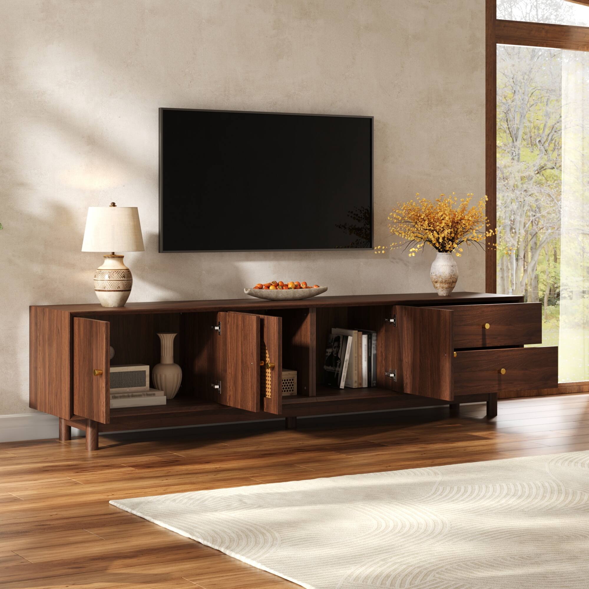 Angle. MERAVOM - Rattan TV Stand for 85 Inch TVs, Entertainment Center with Storage Cabinets and Drawers, Media Console for Living Room - Walnut.