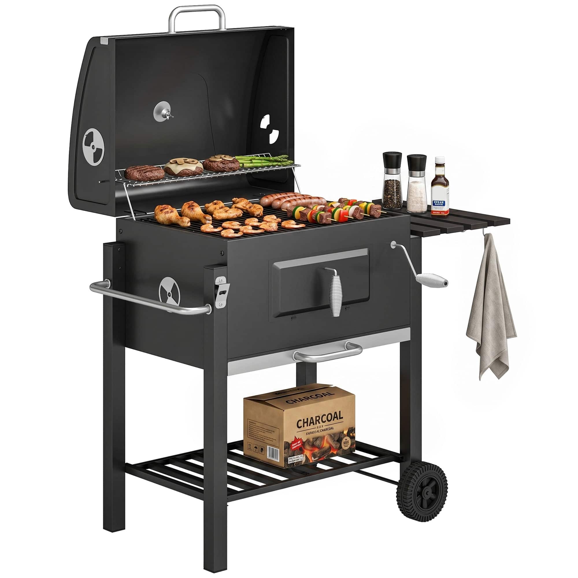Outsunny - BBQ Grill and Smoker Combo Outdoor Portable Trolley Camping Picnic Backyard with Side Shelf - Black