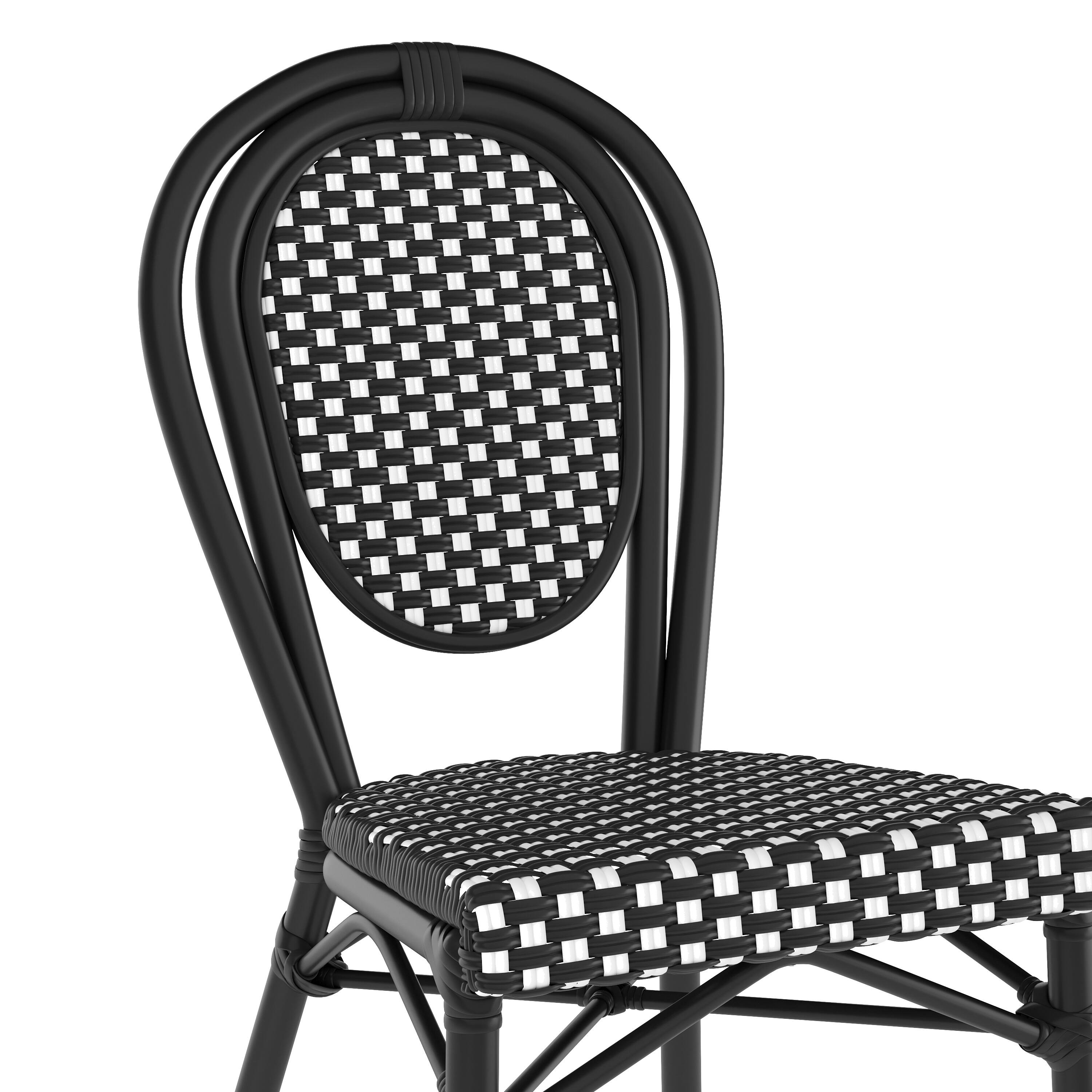 Alt View 10. Emma + Oliver - Colmar Set of Four Indoor/Outdoor Stacking Thonet Bistro Style Chairs with PE Rattan Seat and Metal Frame - Black & White/Black Frame.