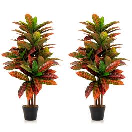 Gymax - 40'' Tall Artificial Croton Plant w/ Colorful Variegated Leaves & Natural Wood Trunks - Green, Red, Yellow, Black