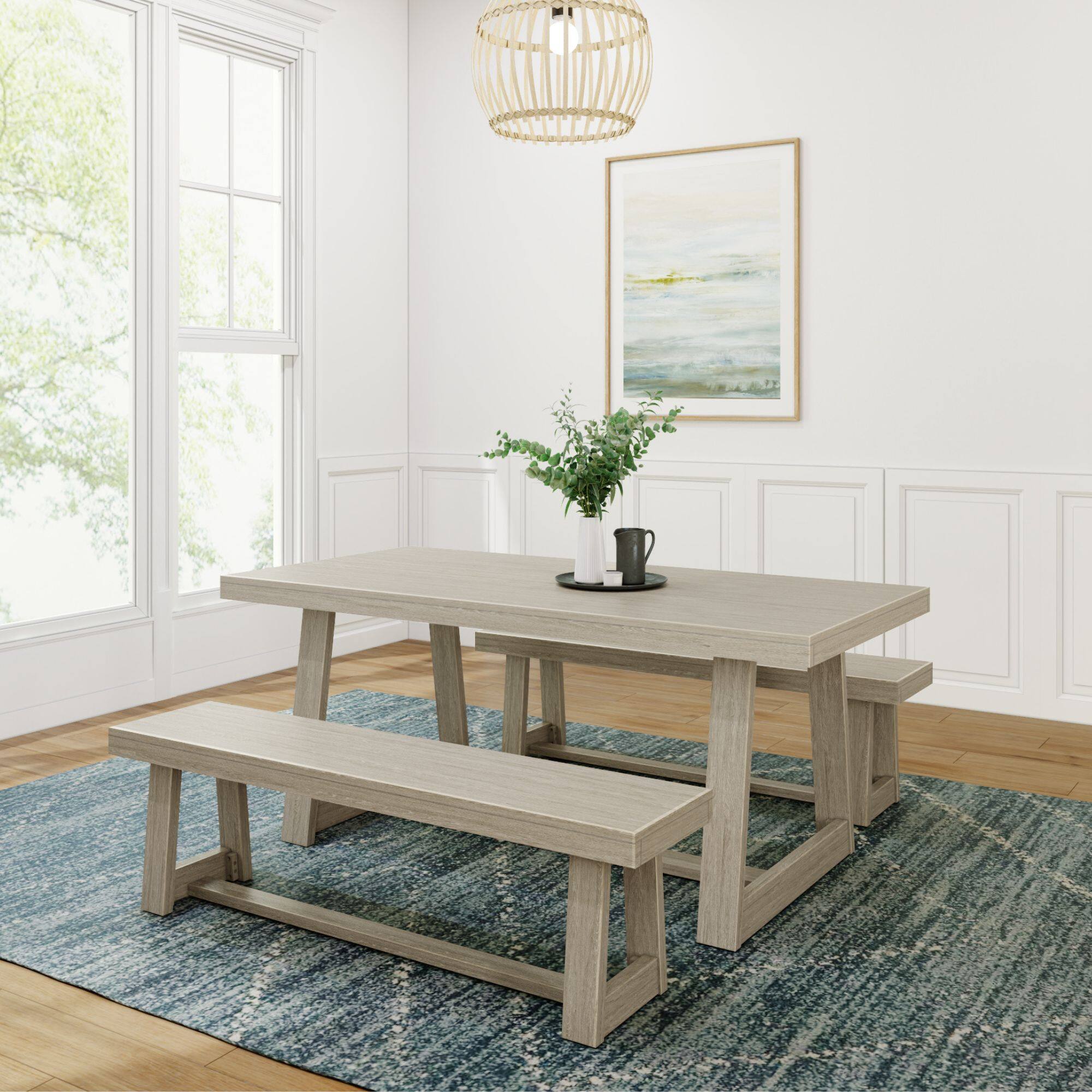 Front. Plank+Beam - Classic Solid Wood Dining Table Set with 2 Benches, Seashell Wirebrush - Seashell Wirebrush.