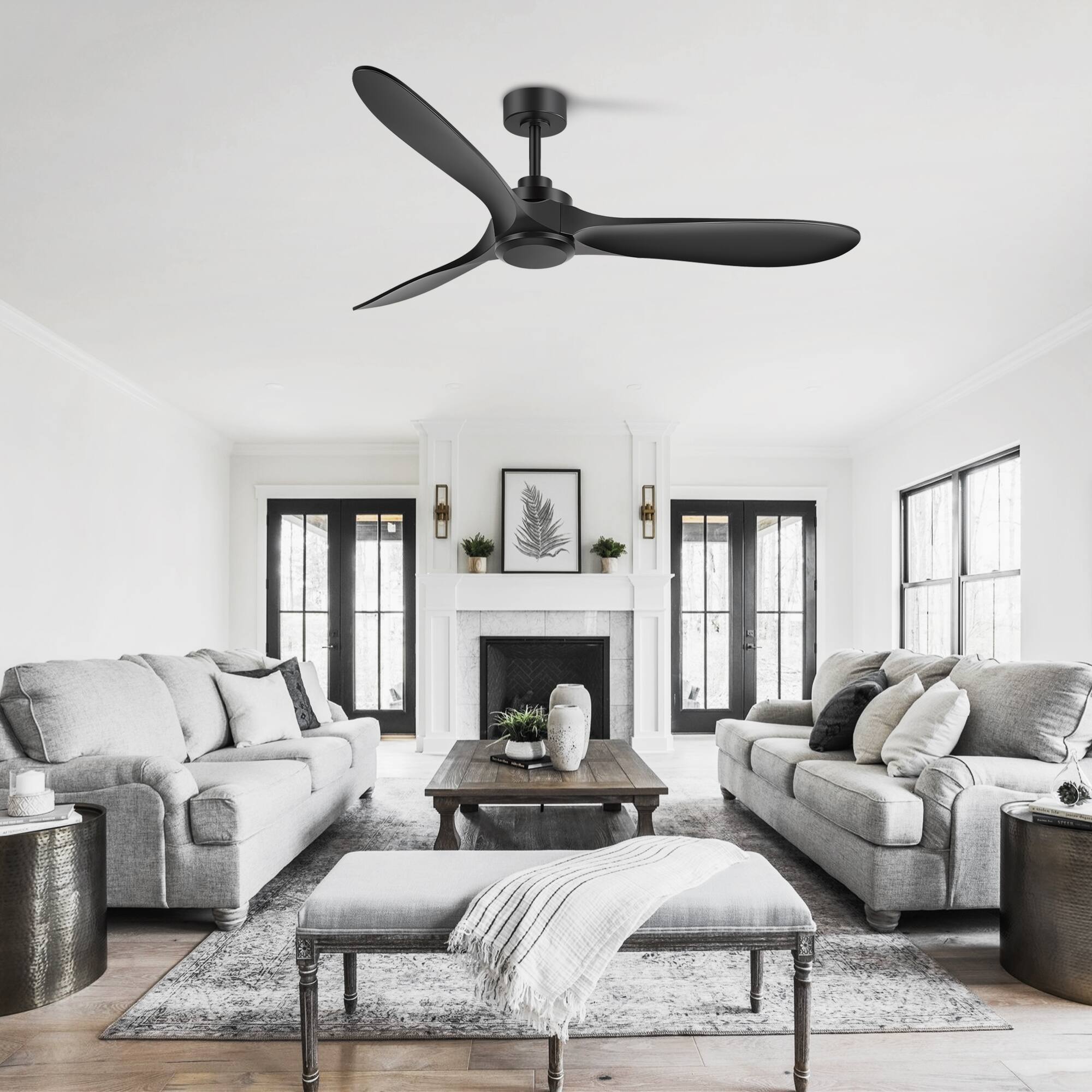 Alt View 2. Breezary - 60-Inch Indoor Ceiling Fan with 3 ABS Blades, DC Motor, 6-Speed Remote Control with Timer, 6"&12" Downrods, Led/No Light - Matte Black (Without Light).