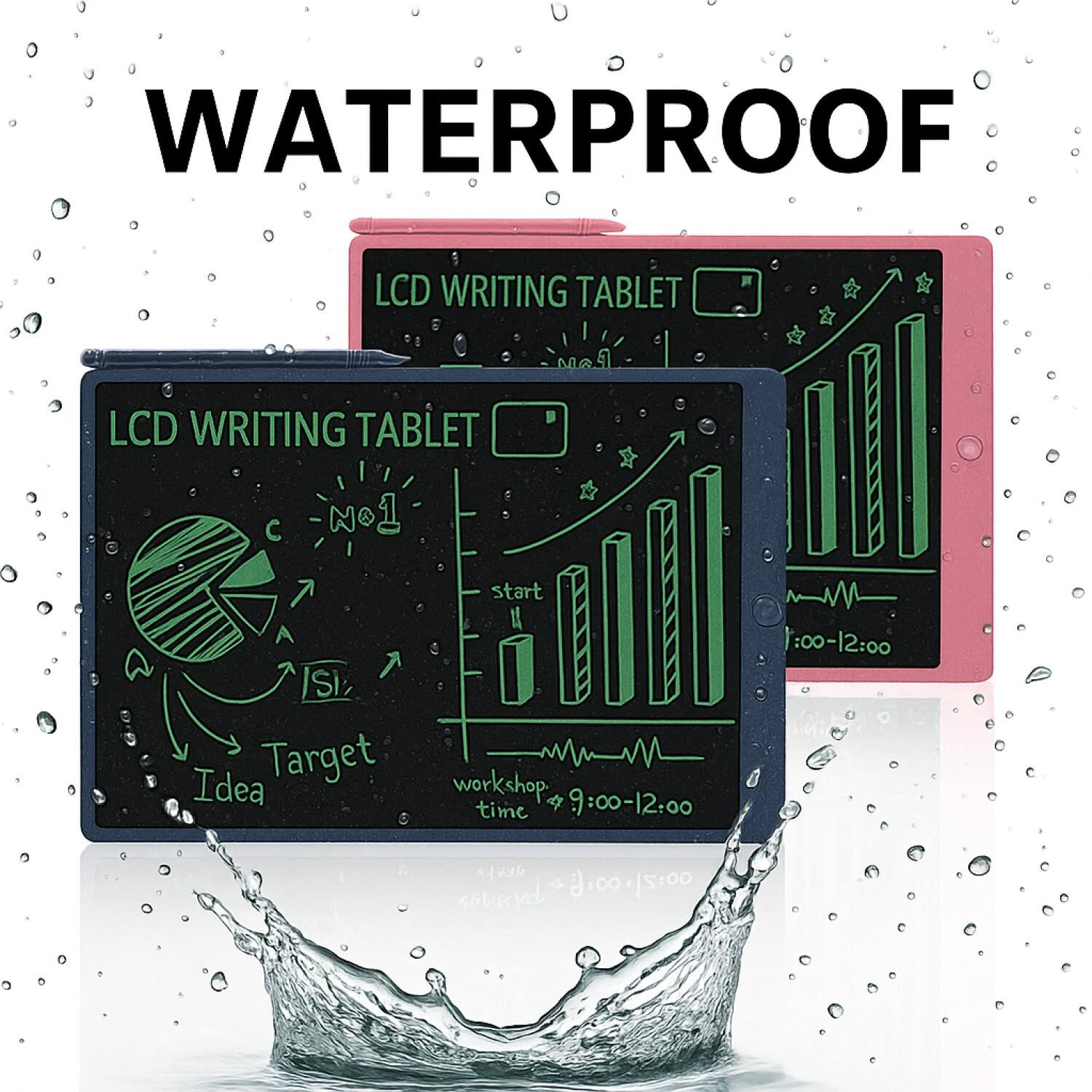 WATERPROOF LCD WRITING TABLET LCD WRITING TABLET C NO1 ISI Idea Target start workshop. q 9:00-12:00 time 1:00-12:00 OEE sovard d.0o./5:00