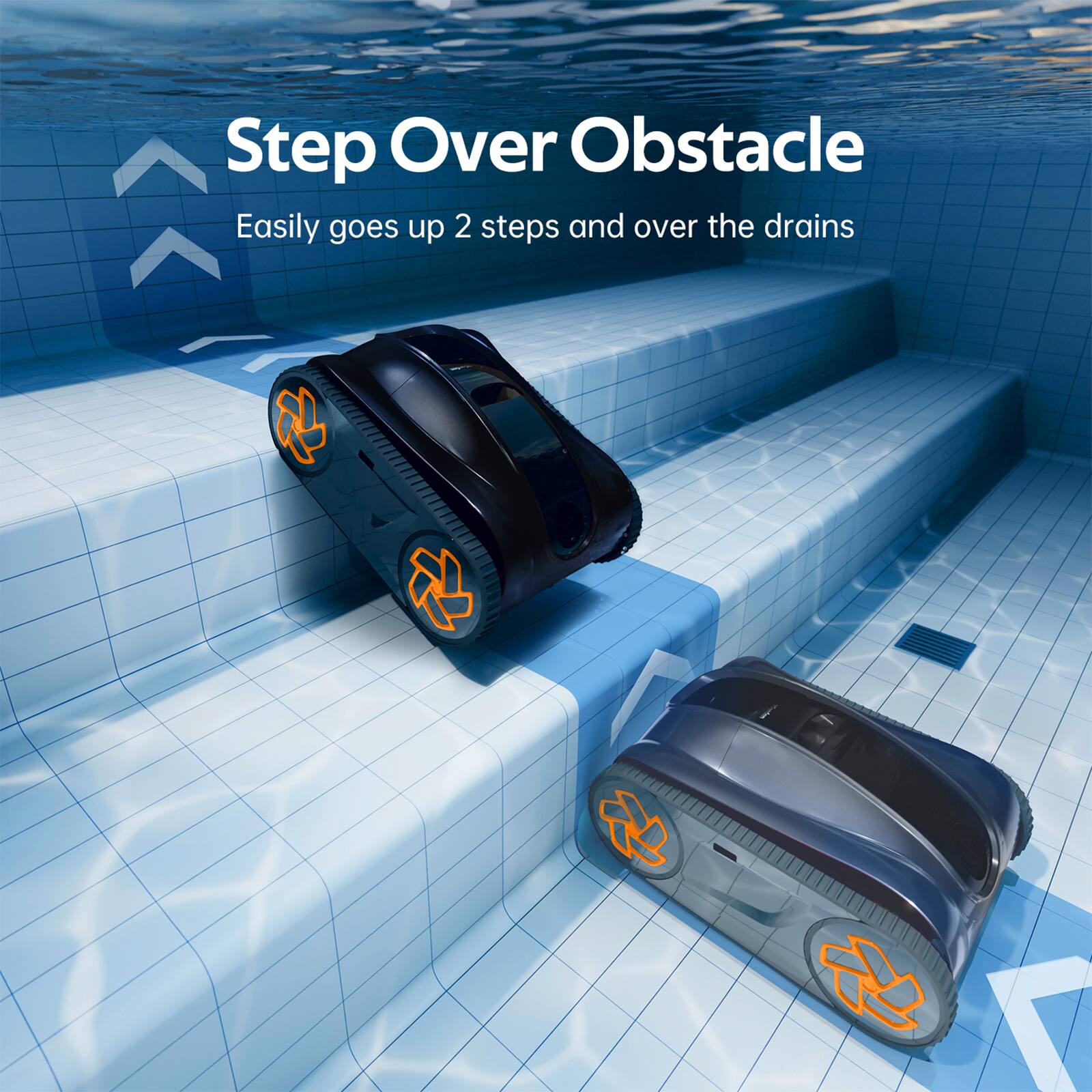 Step Over Obstacle  
Easily goes up 2 steps and over the drains