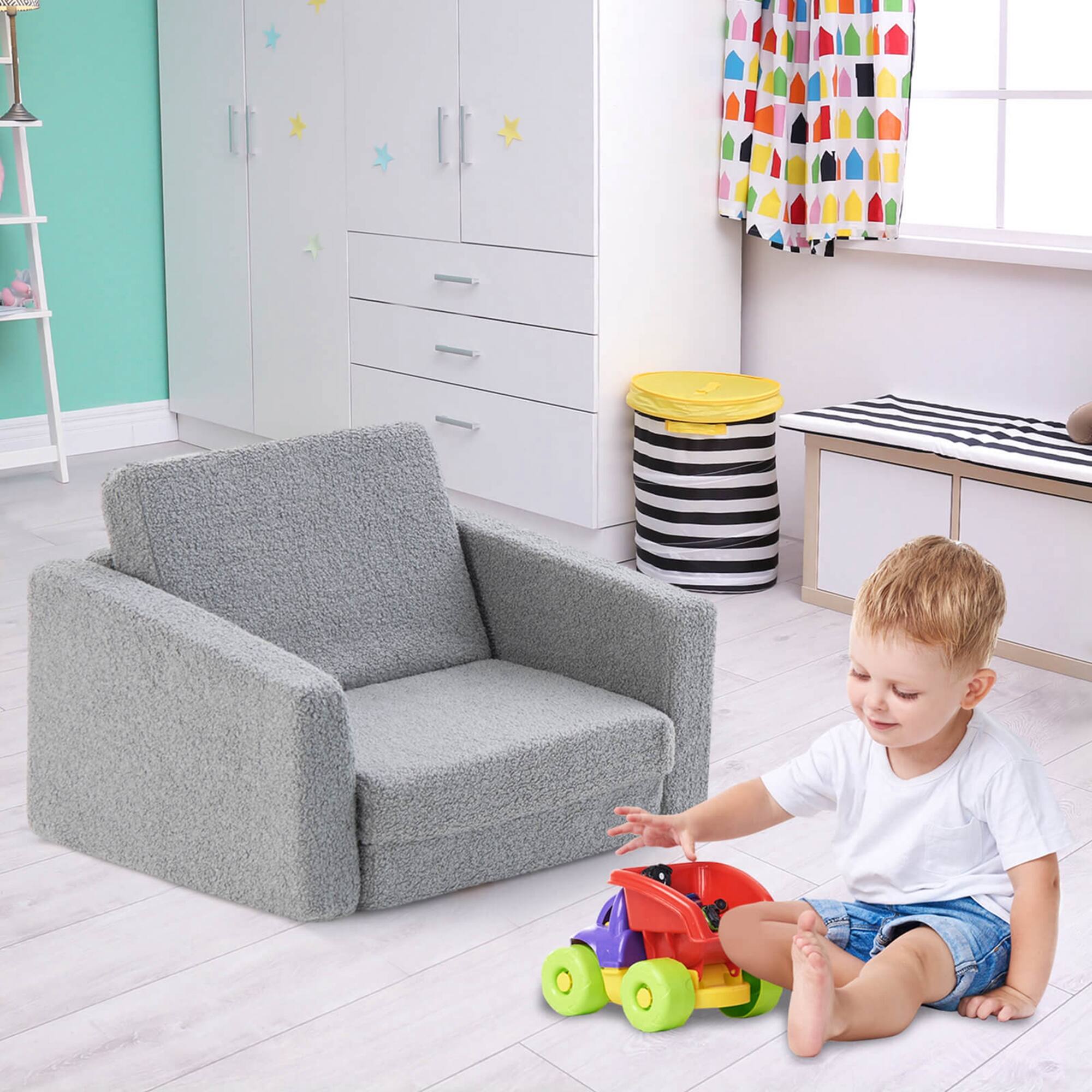Alt View 1. Costway - Costway 2-in-1 Toddler Fold out Couch Children's Convertible Sofa to Lounger - Grey.