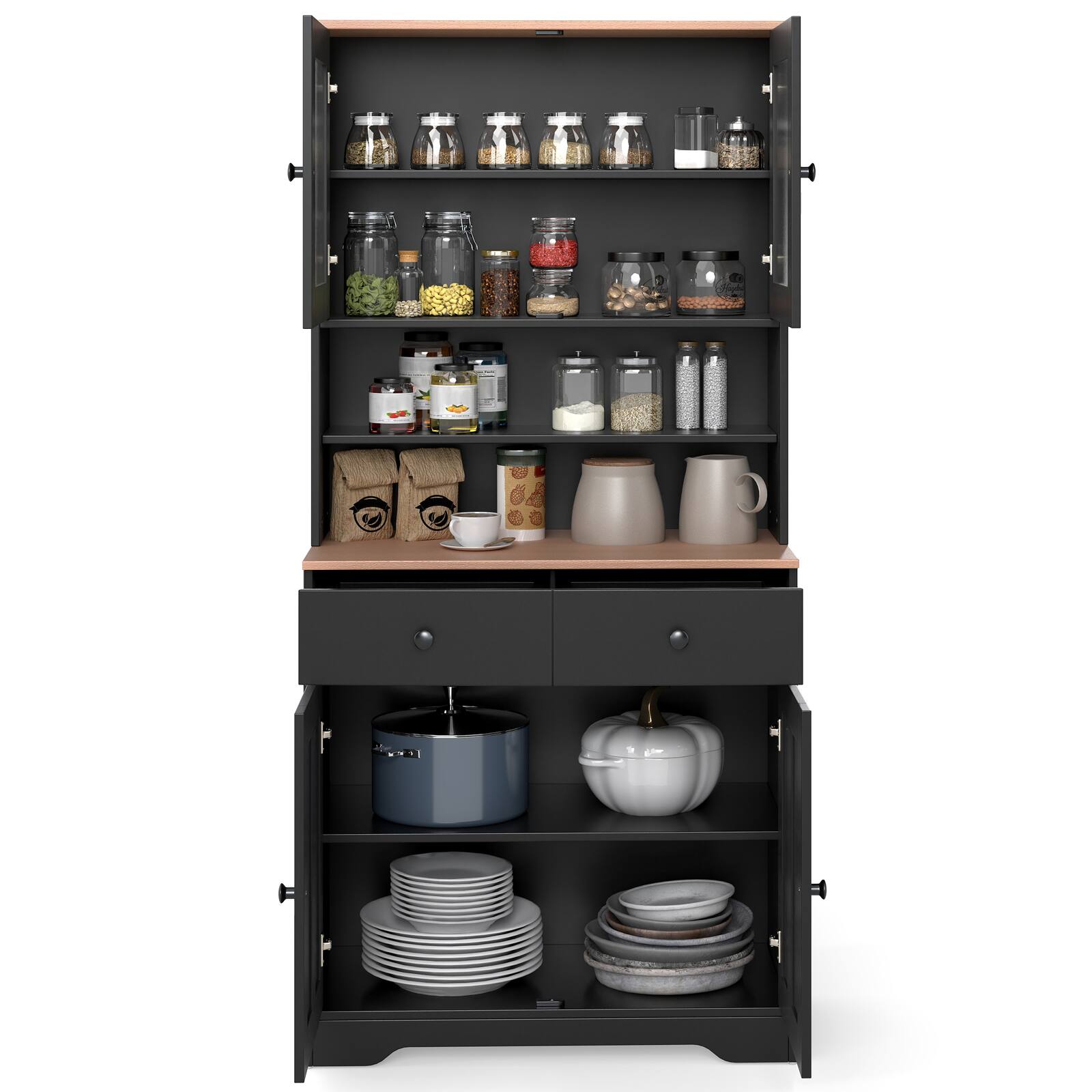 Alt View 7. Gymax - Gymax Pantry Cabinet 67'' Tall Kitchen Floor Cabinet w/ 2 Removable Shelves 2 Drawers Black - Black.