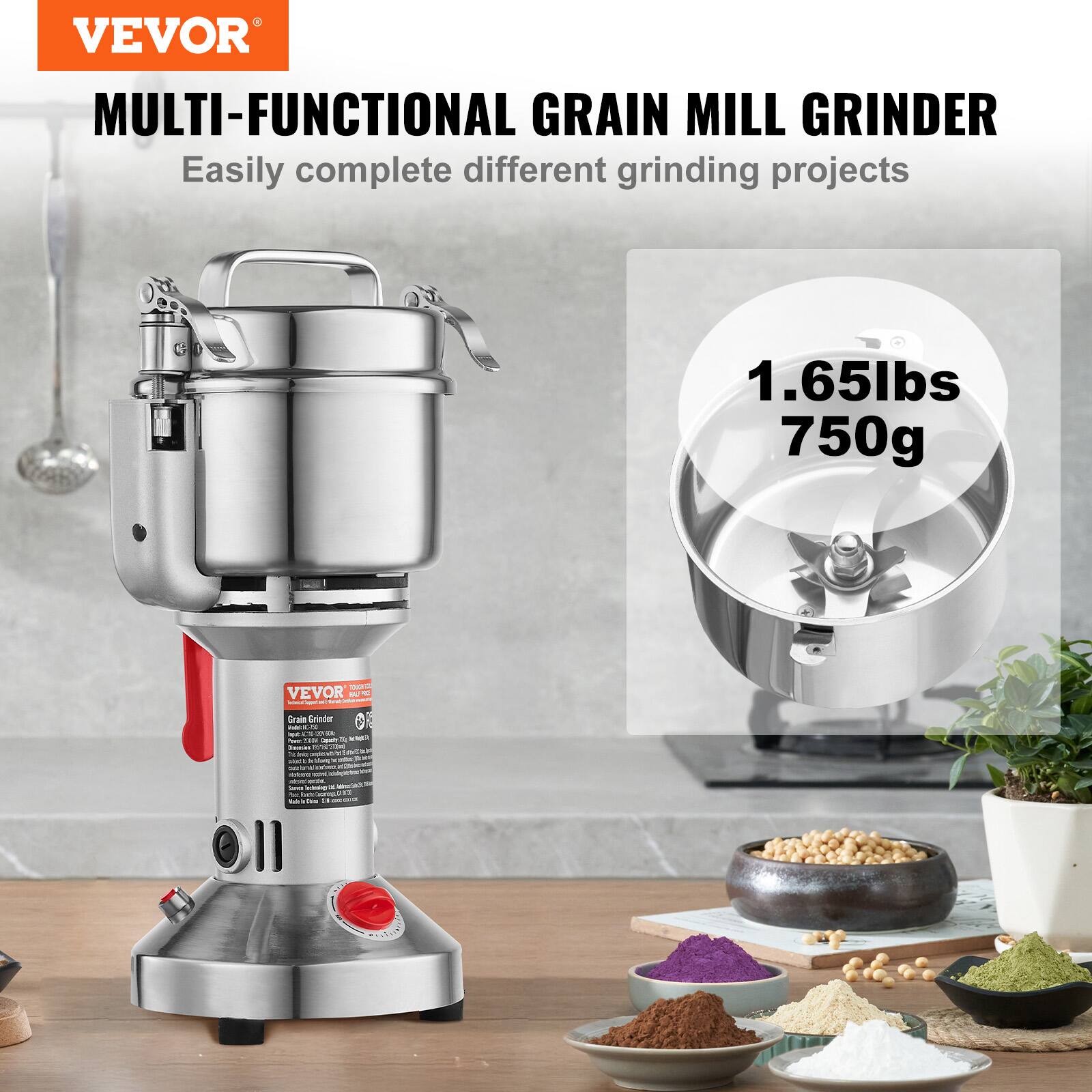VEVOR  
MULTI-FUNCTIONAL GRAIN MILL GRINDER  
Easily complete different grinding projects  

1.65lbs  
750g