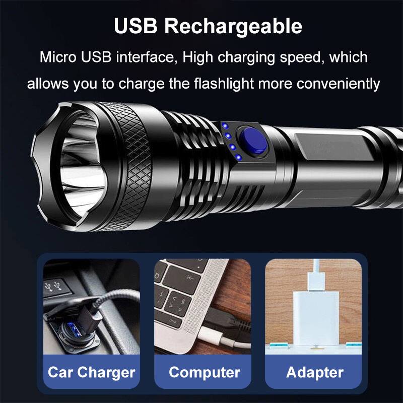USB Rechargeable  
Micro USB interface, High charging speed, which allows you to charge the flashlight more conveniently  

Car Charger  
Computer  
Adapter